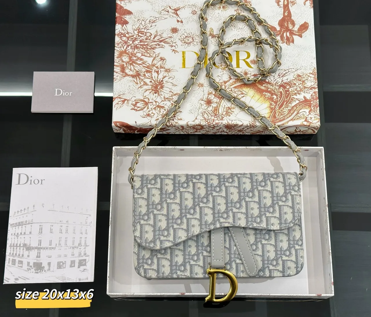 Dior Saddle-Style Chain Wallet in White / Black / Grey / Blue · view 8