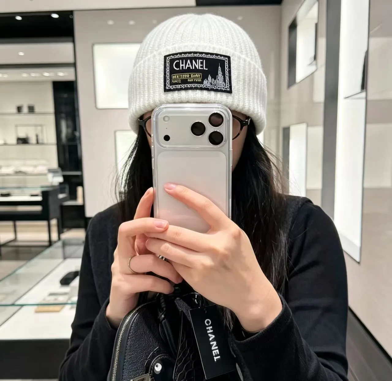 Chanel Label-patch knit beanie in Black & Cream · view 4