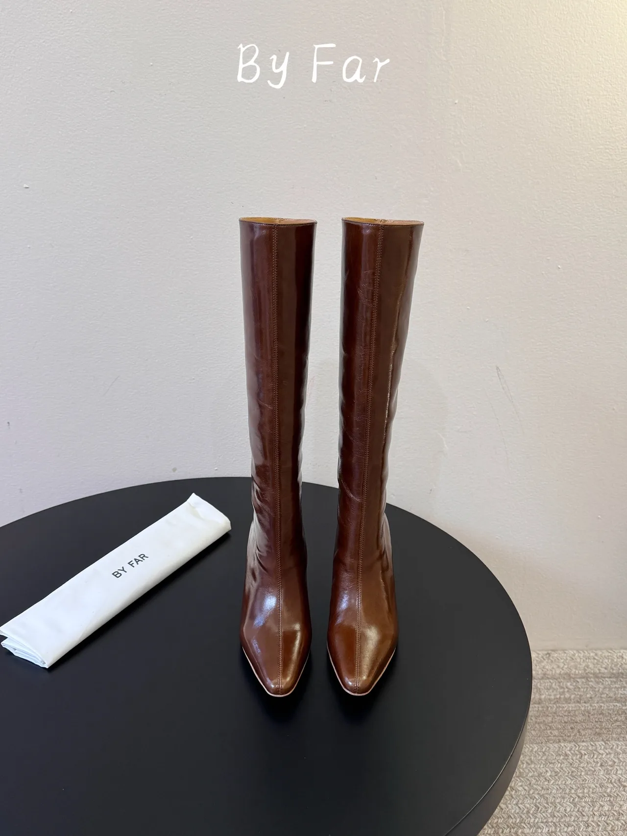 By Far Glossy Pointed-Toe Knee-High Boots in Brown · view 1
