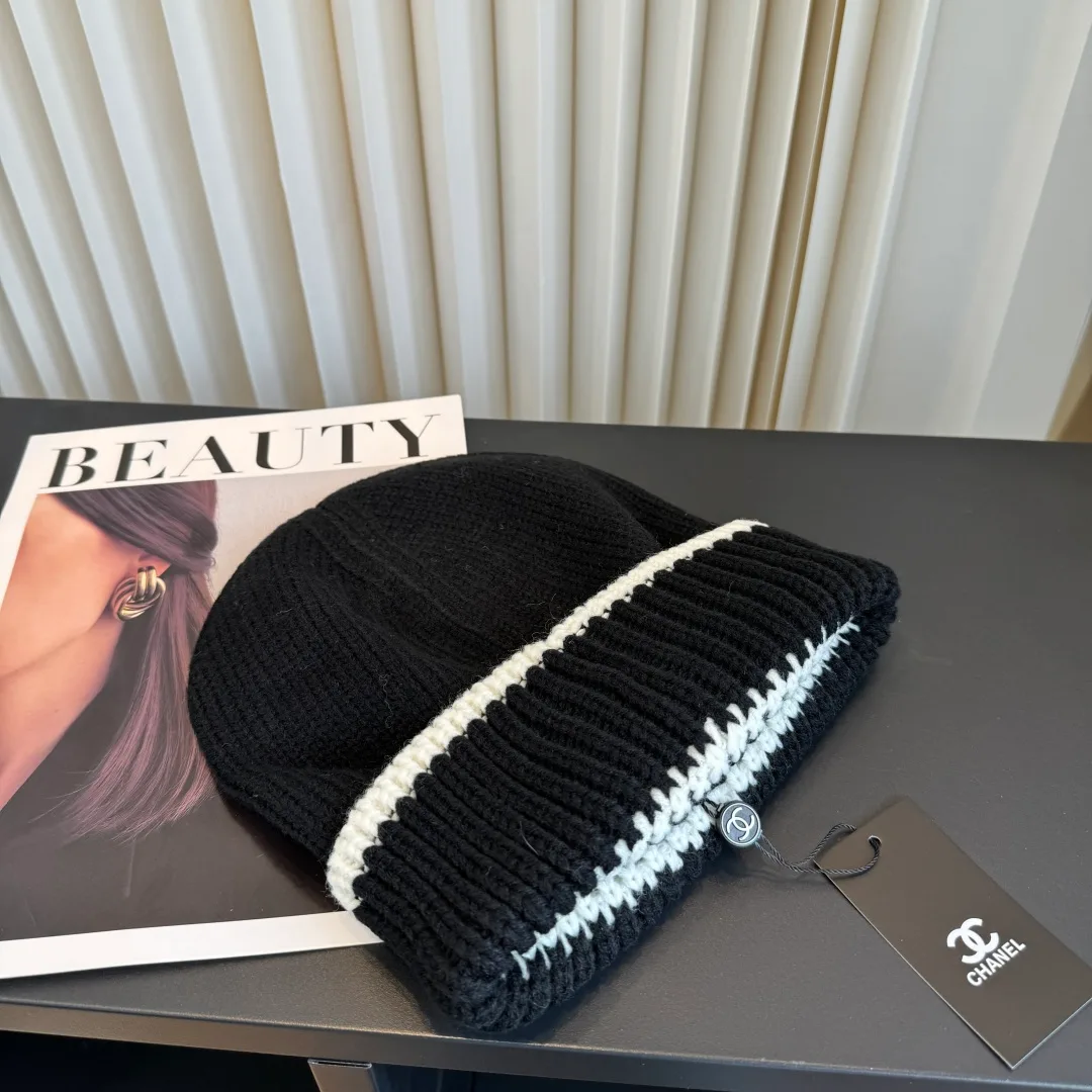 Chanel Ribbed Striped Beanie in Black · view 7