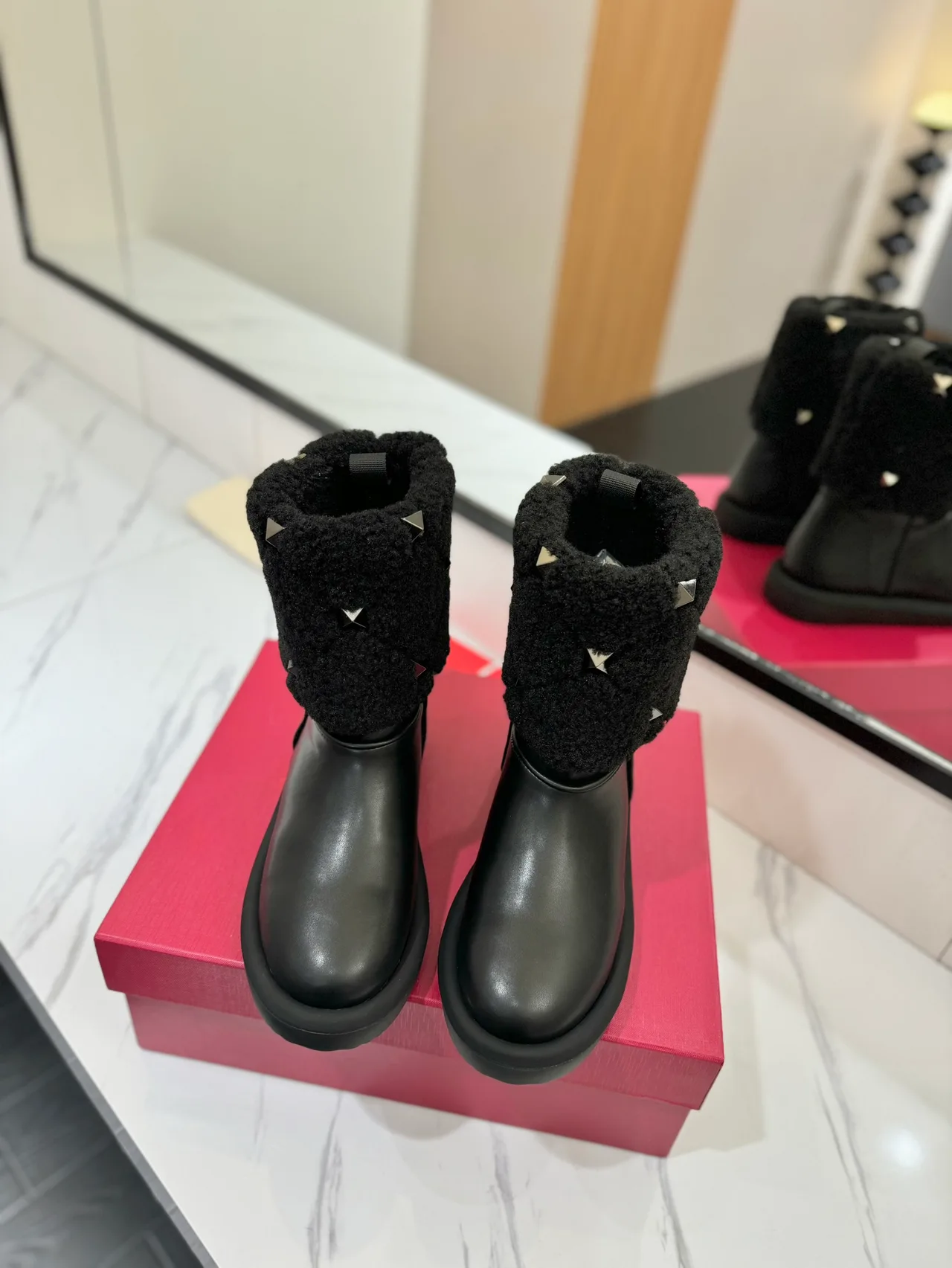 Valentino Cowhide Glossy Round-Toe Boots in Black · view 3