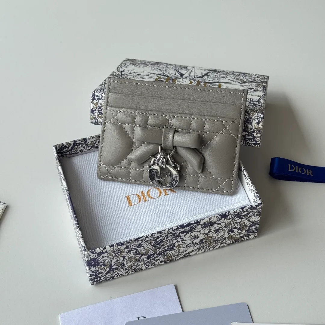 Dior Lambskin Quilted Bow Cardholder in Grey · view 2