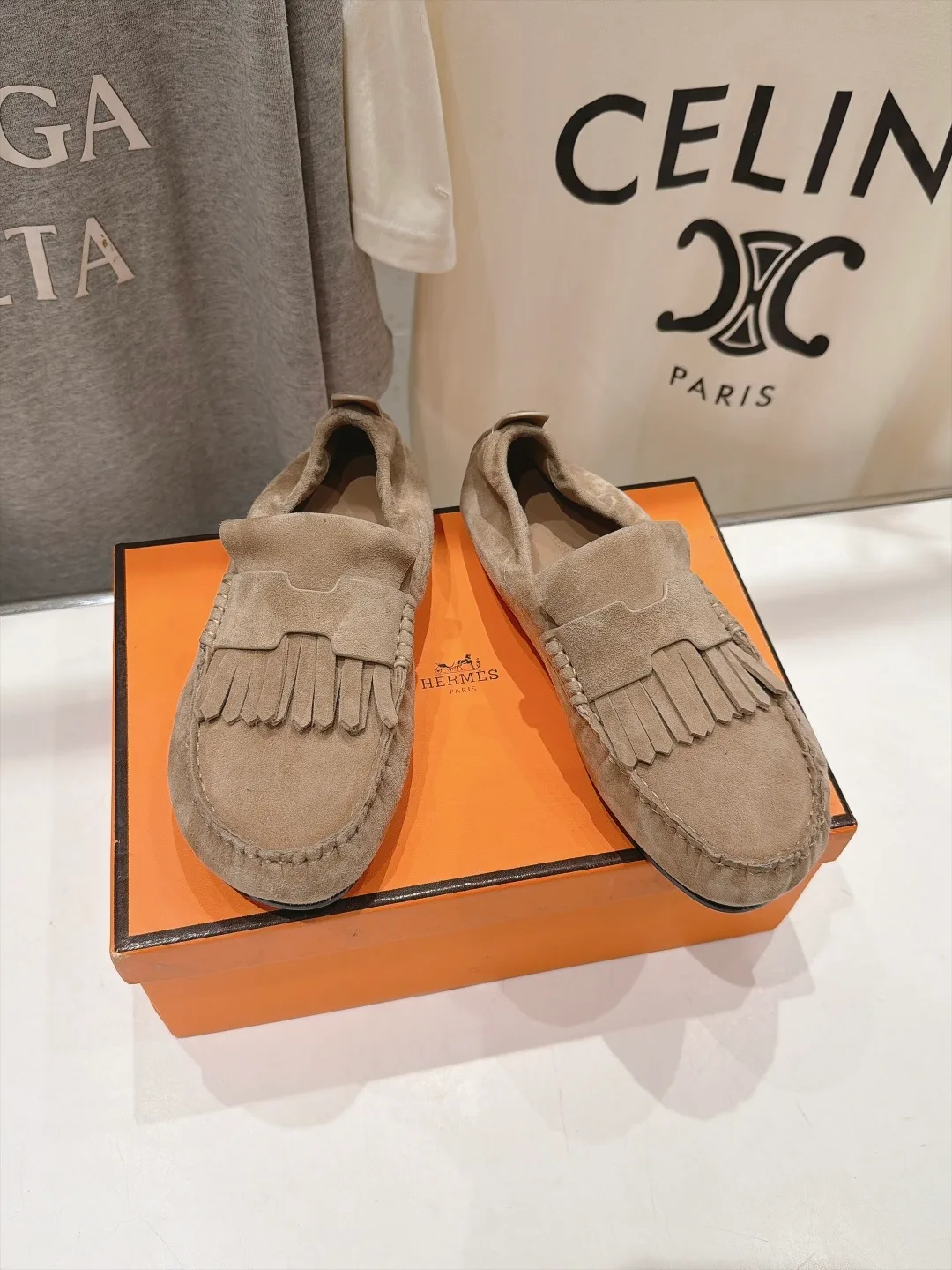 Celine Suede-Look Round-Toe Fringed Loafers in Beige · view 2