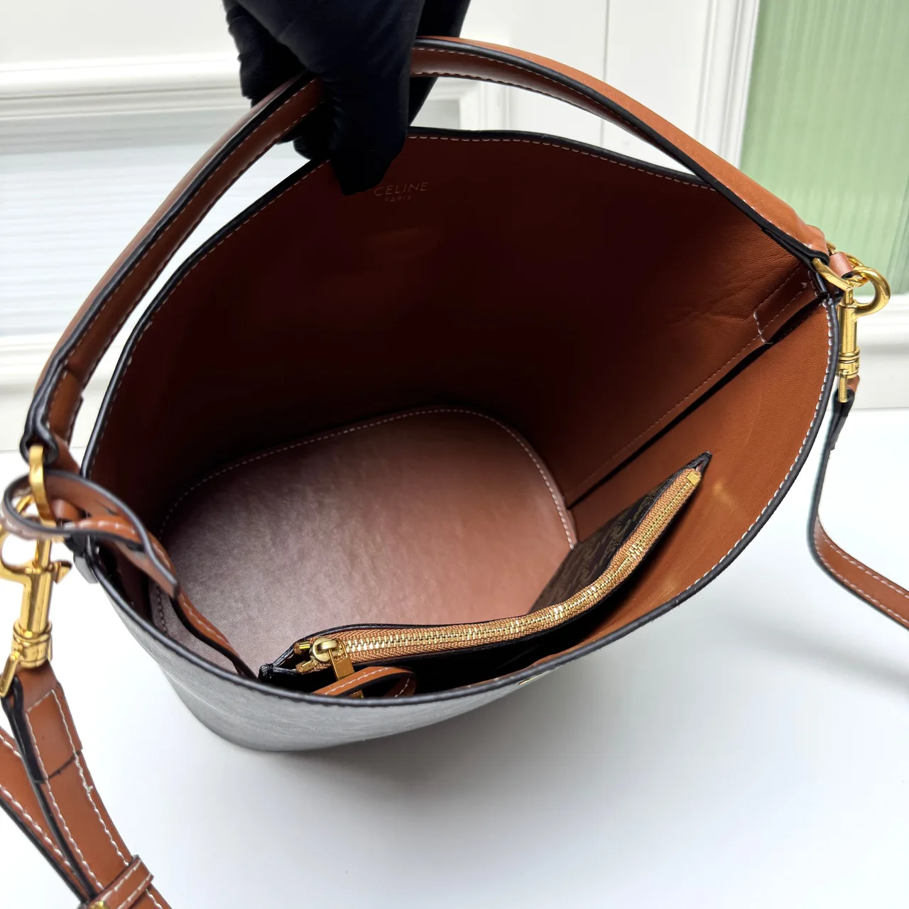 Celine Calfskin Quilted Monogram Bucket Bag in Brown · view 8