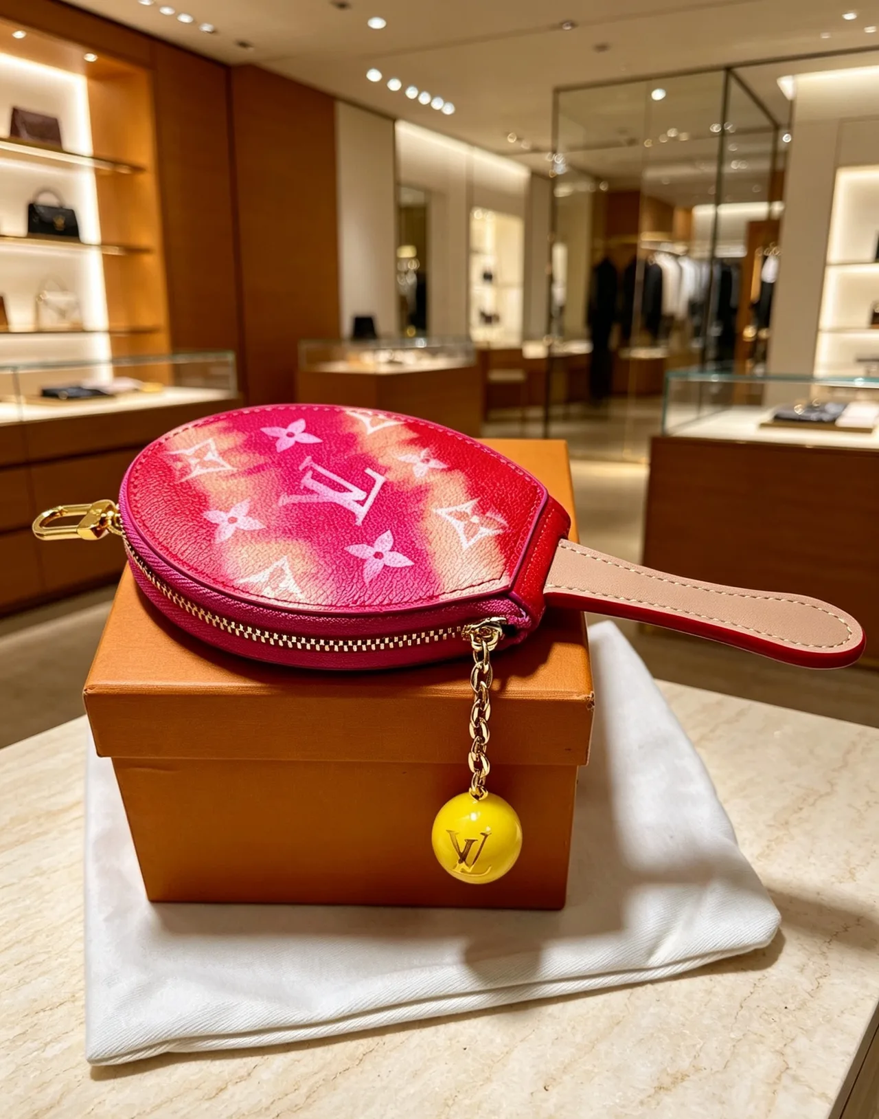 Louis Vuitton Racket-Shaped Coin Pouch in Brown & Red & Pink · view 2