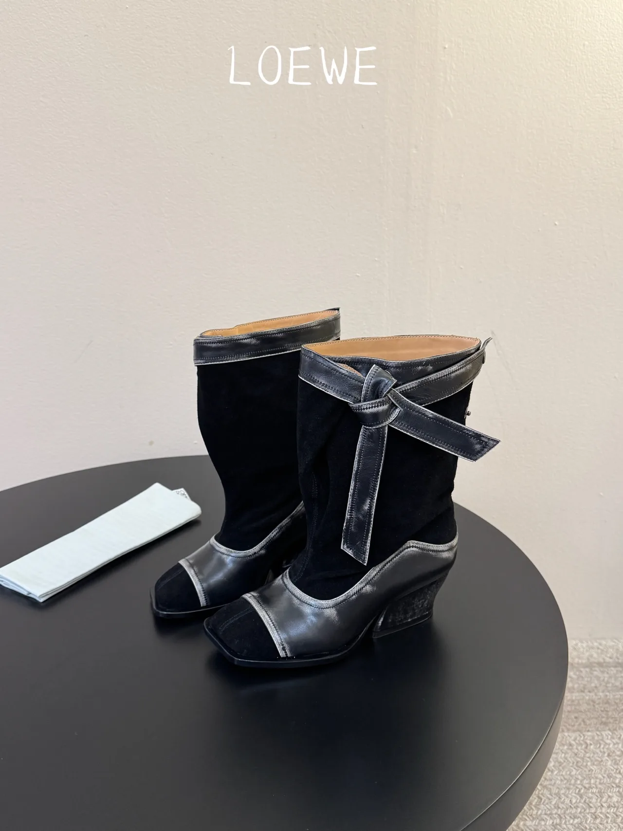 Loewe Cowhide Glossy Suede-Look Pointed-Toe Ankle Boots in Black · view 5