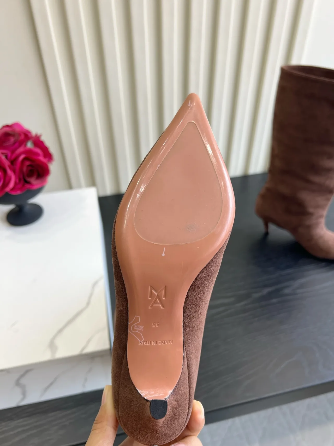Amina Muaddi Cowhide Glossy Suede-Look Pointed-Toe Pointed Knee-High Boots in Pink · view 5