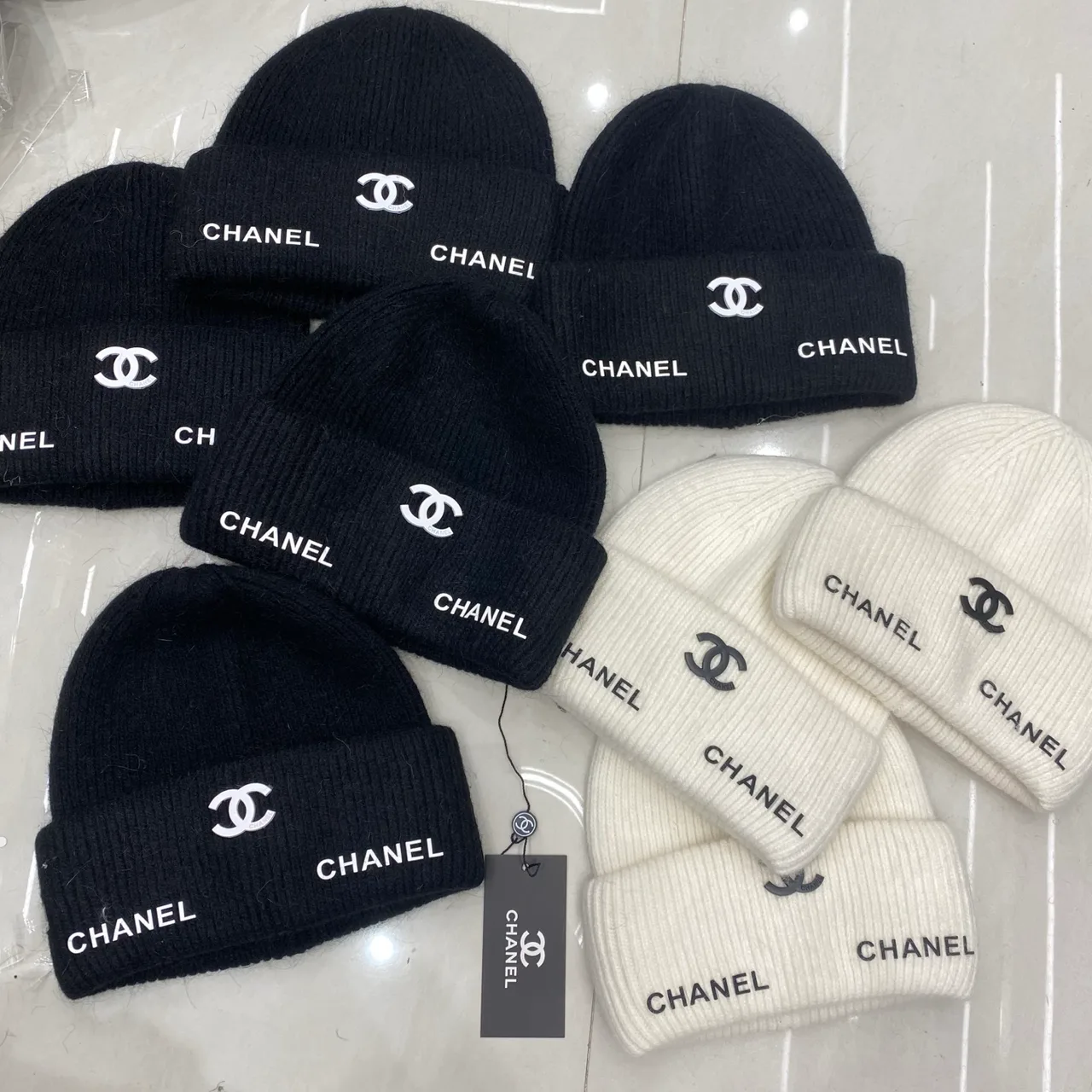 Chanel CC Script Beanie in Black & Cream · view 6
