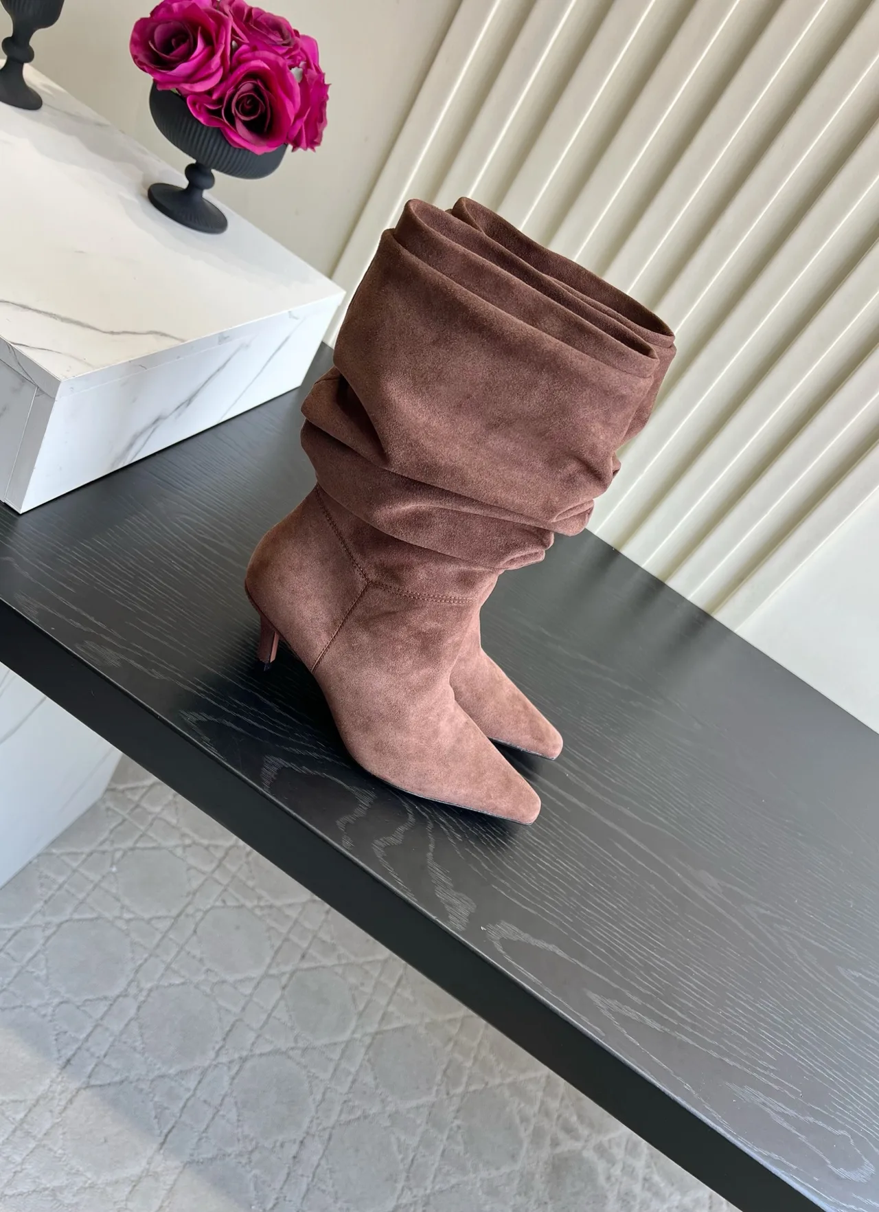 Amina Muaddi Cowhide Ribbed Glossy Pointed-Toe Slouch Ankle Boots in Pink · view 2