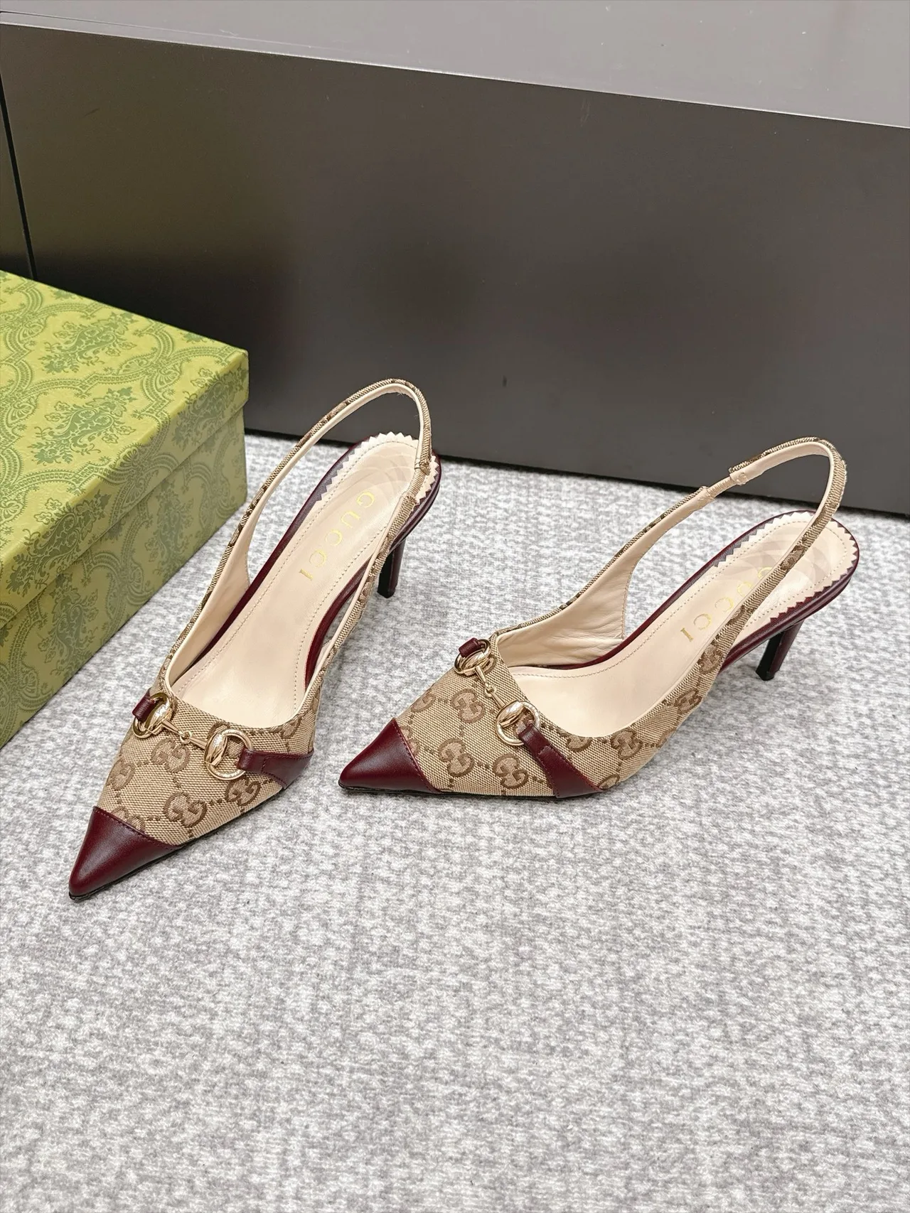 Gucci Glossy Pointed-Toe Monogram Slingback Pumps in Beige · view 2