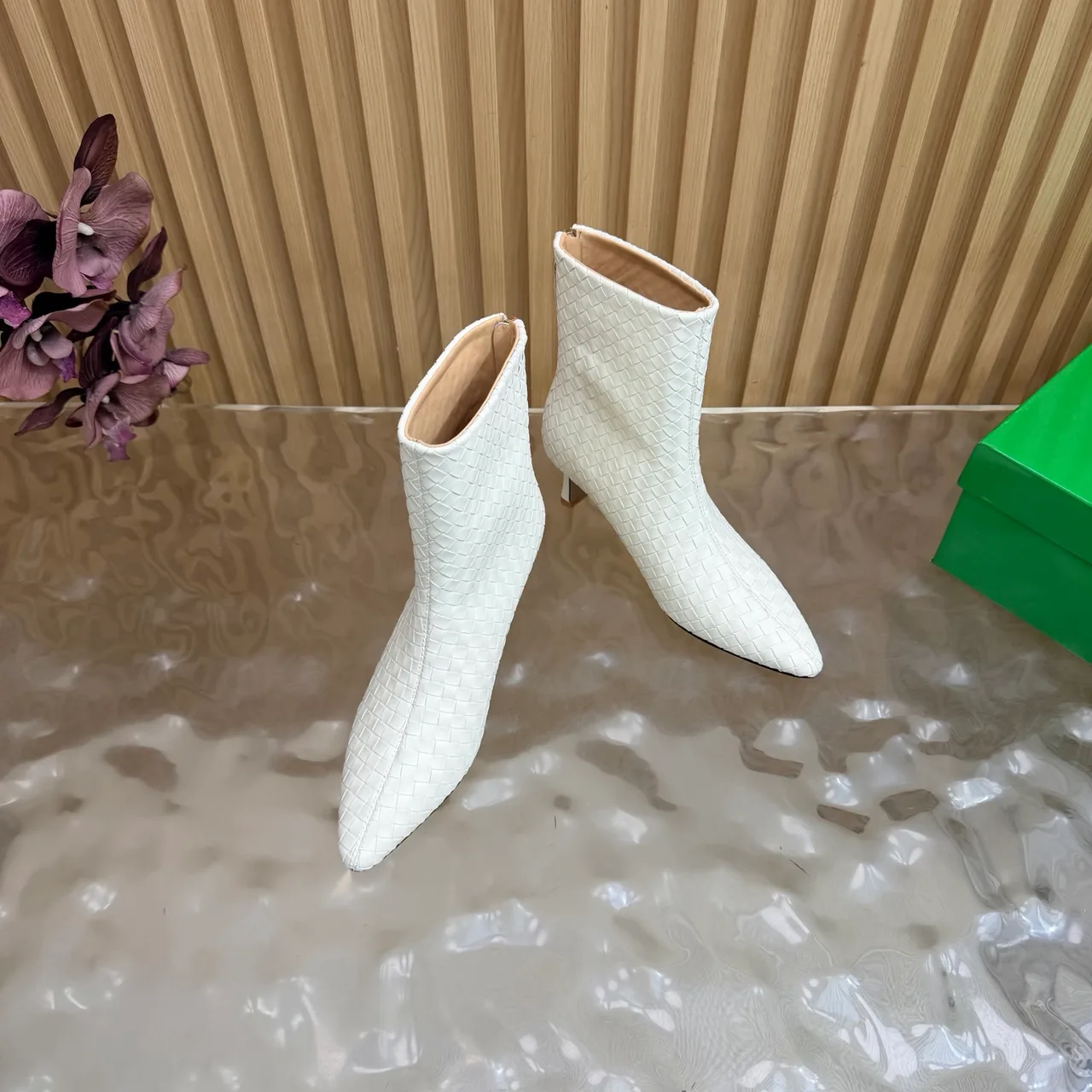 Bottega Veneta Pointed-Toe Woven Ankle Boots in White · view 6