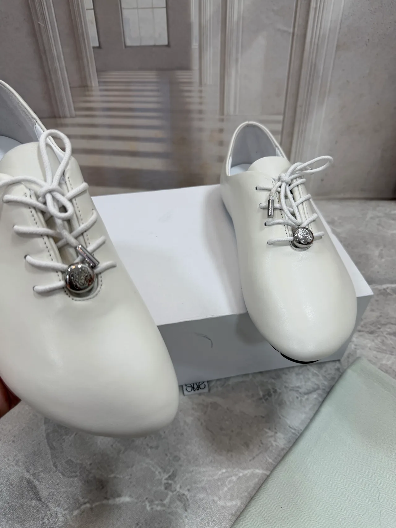 Loewe Sheepskin Round-Toe Lace-Up Shoes in White · view 6