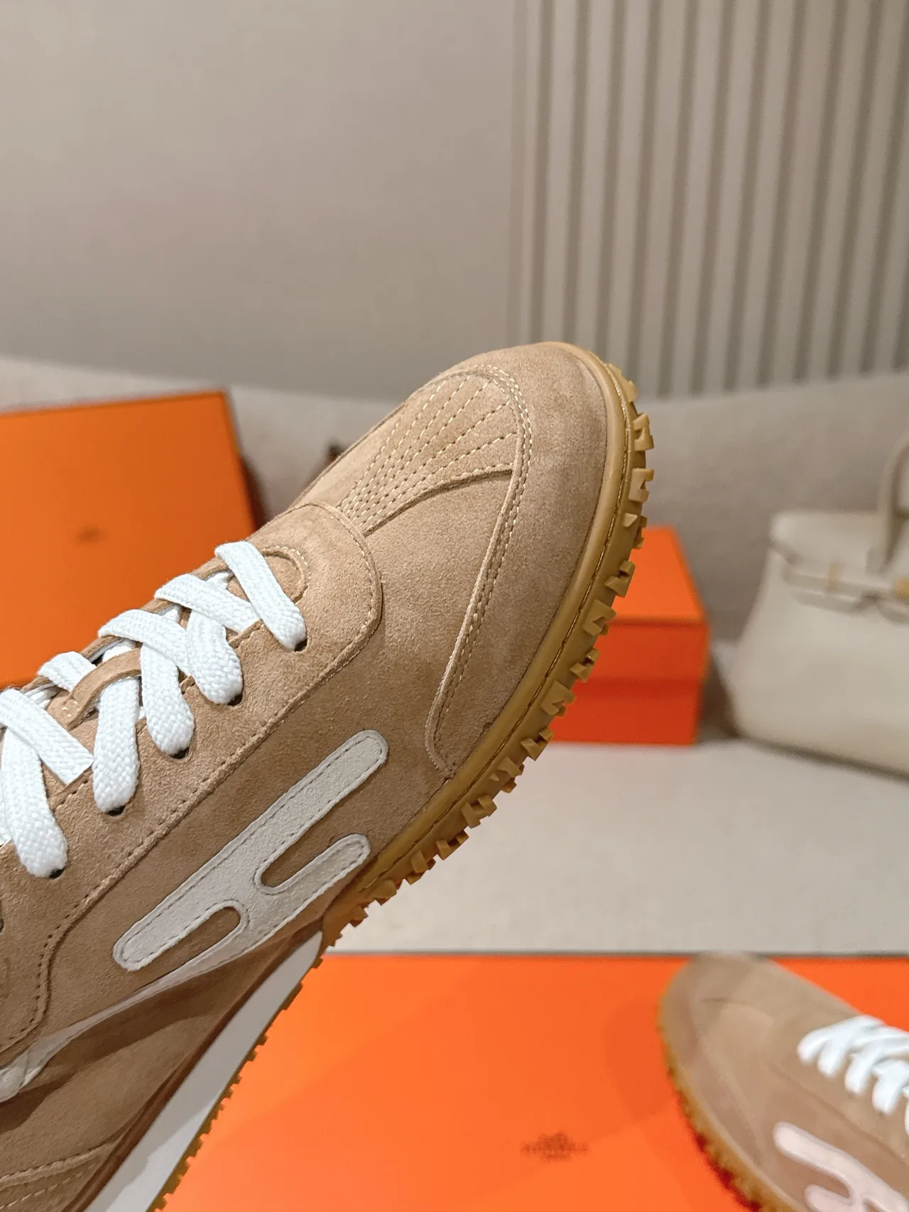 Hermes Sheepskin Suede Sneakers in Tan · view 6