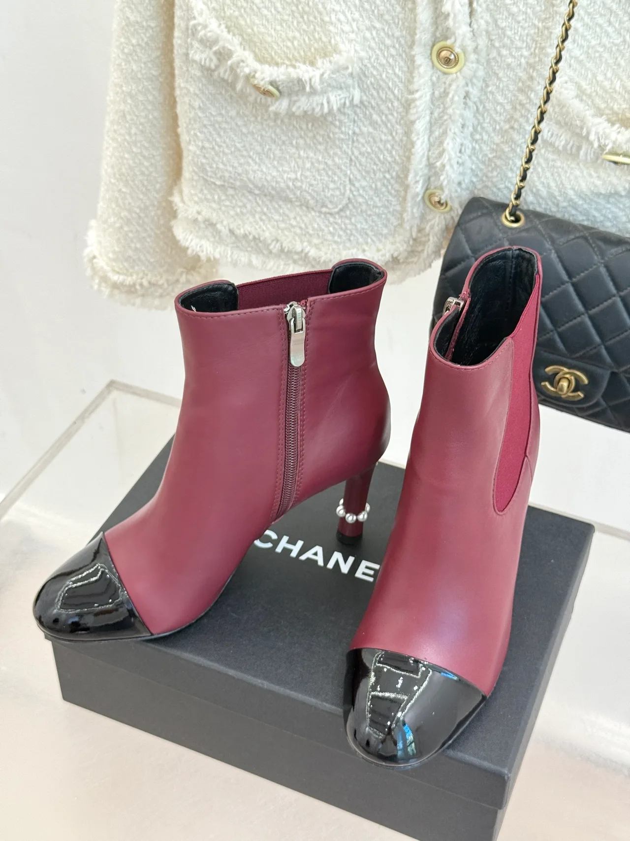 Chanel Lambskin Glossy Pointed-Toe Round-Toe Ankle Boots in Burgundy · view 1