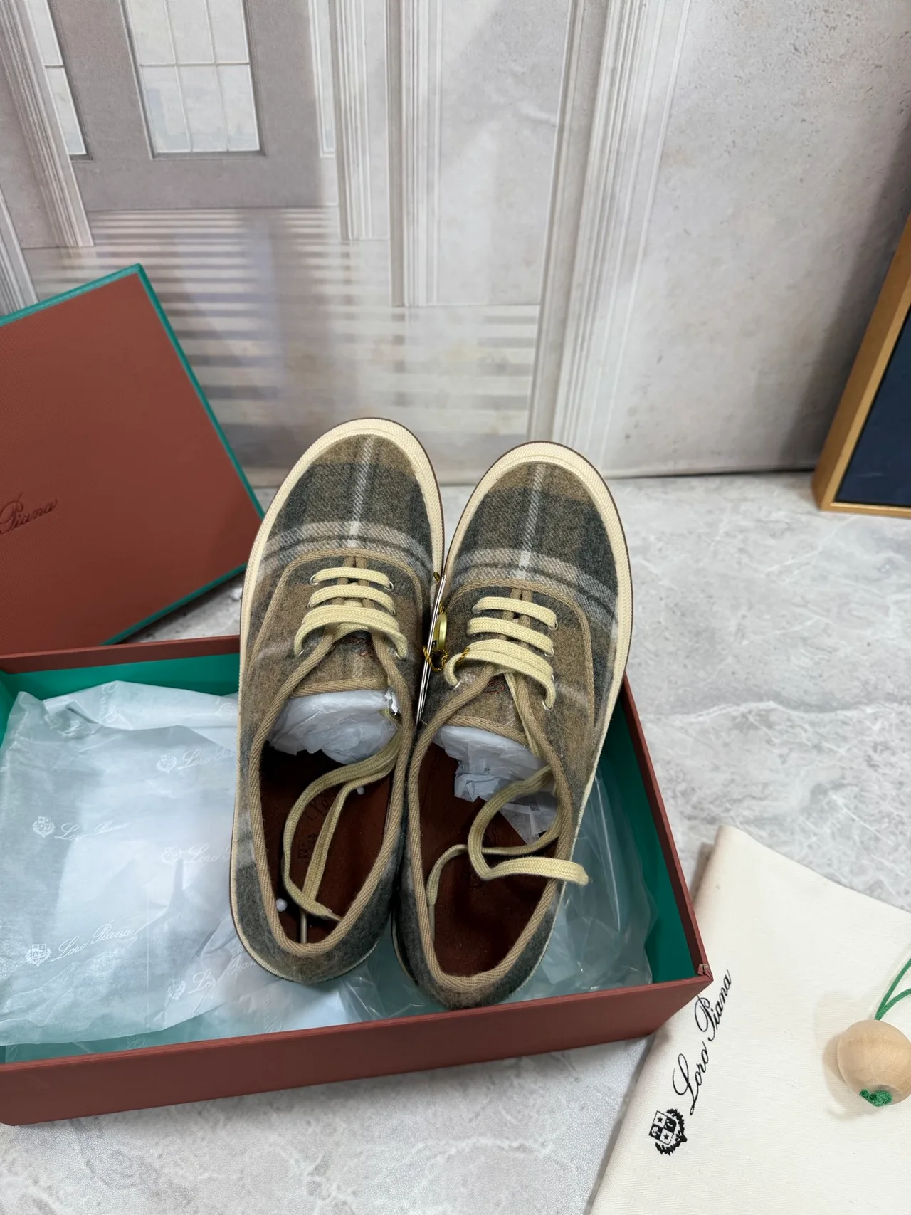 Loro Piana Check Wool-Effect Lace-Up Sneakers in Grey · view 2