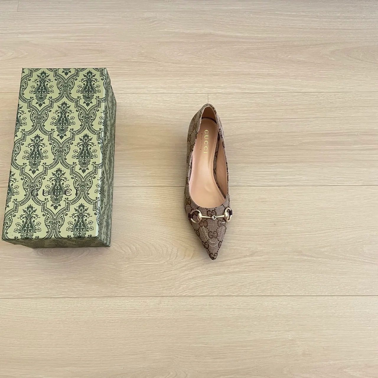 Gucci Canvas Pointed-Toe Monogram Kitten Heel Pumps in Beige · view 7