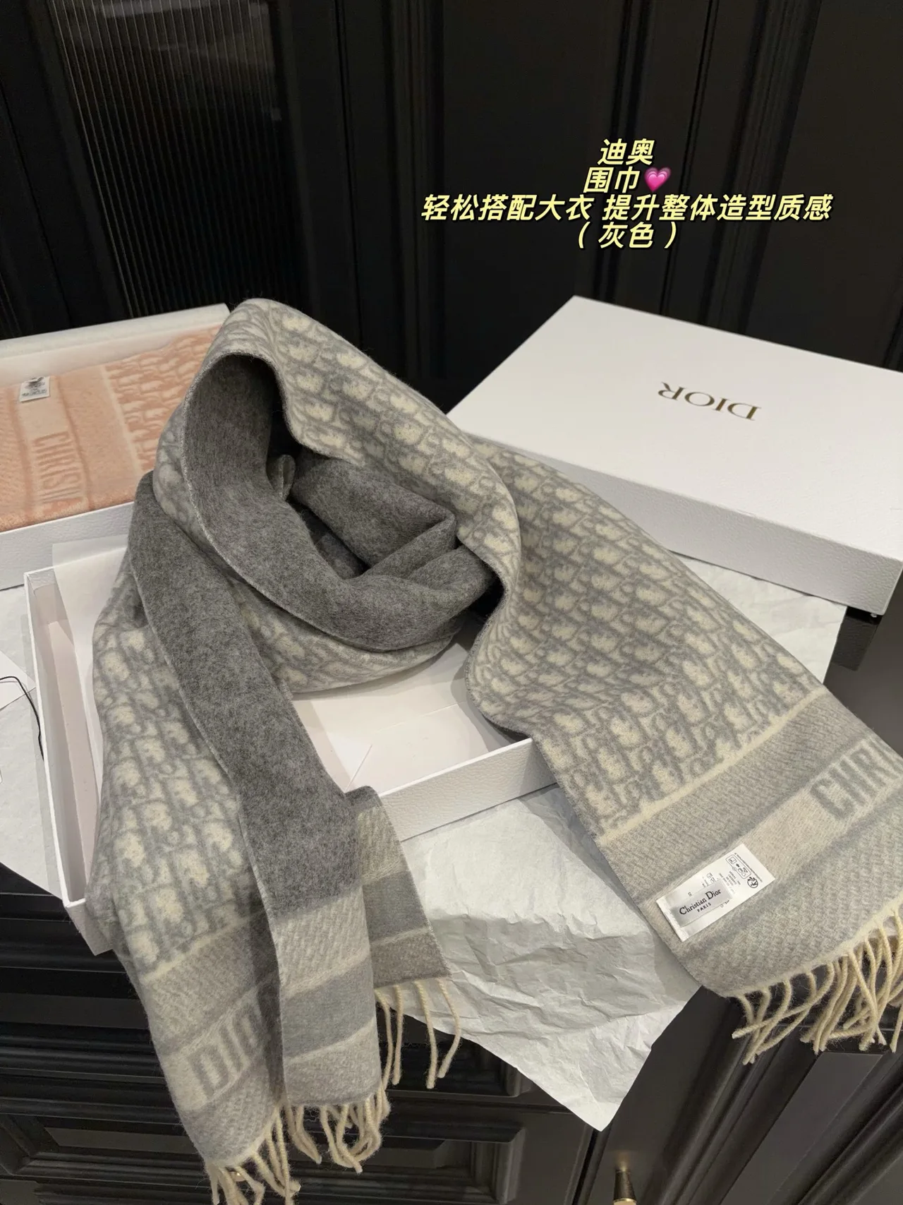 Dior Oblique Fringed Scarf in Pink & Grey & Blue · view 2