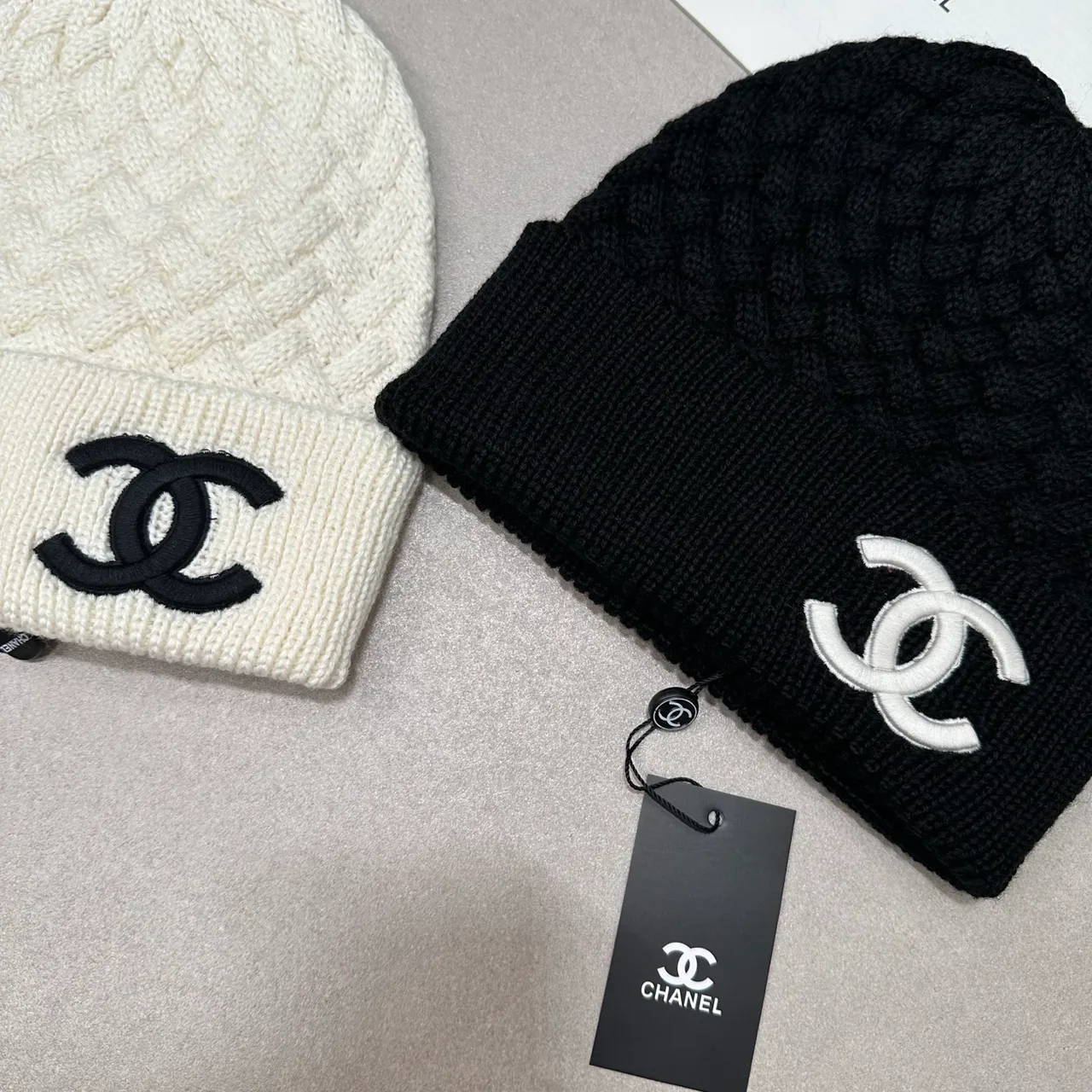 Chanel Textured CC knit beanie in Black & Pink & Cream · view 5
