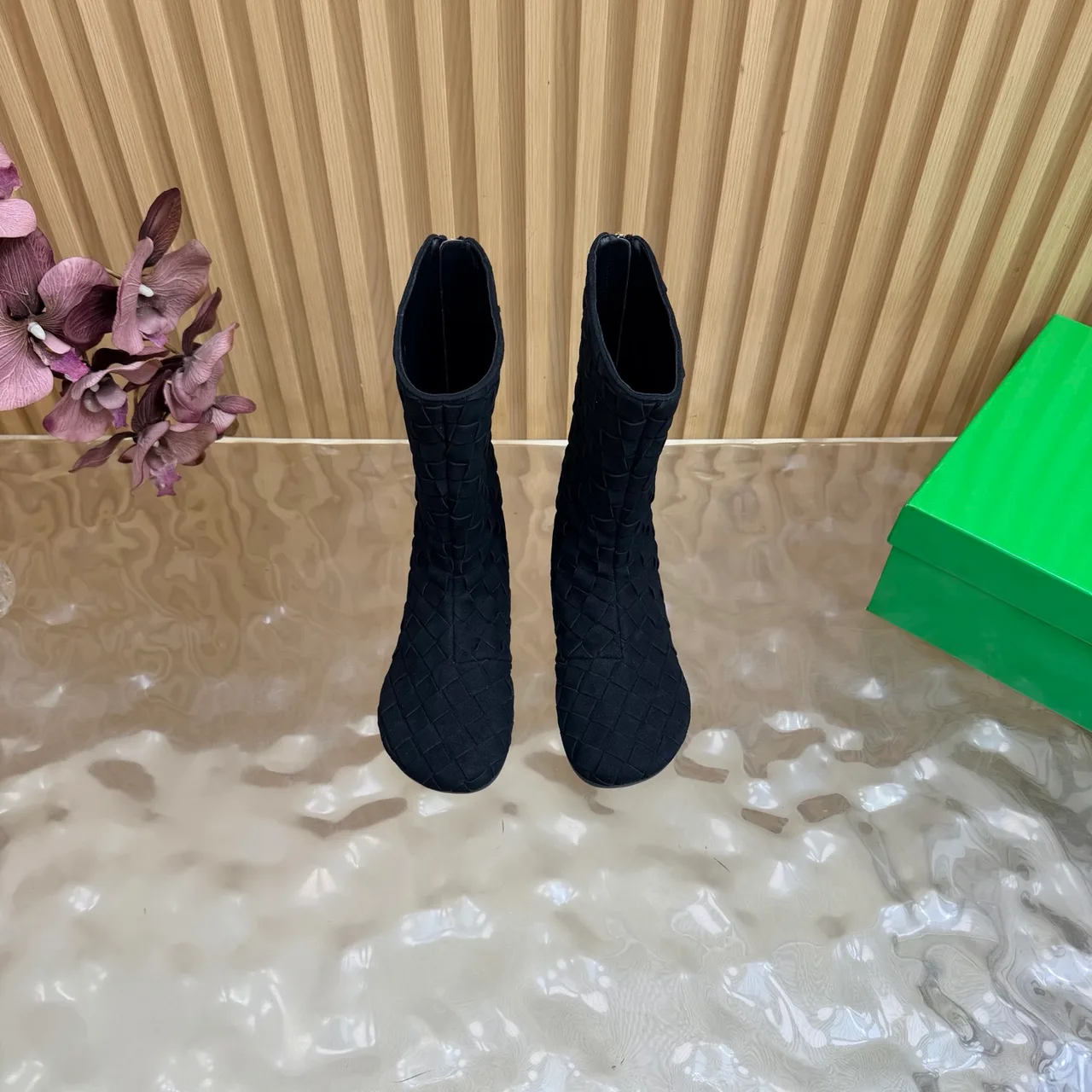 Bottega Veneta Woven Glossy Pointed-Toe Ankle Boots in Black · view 4