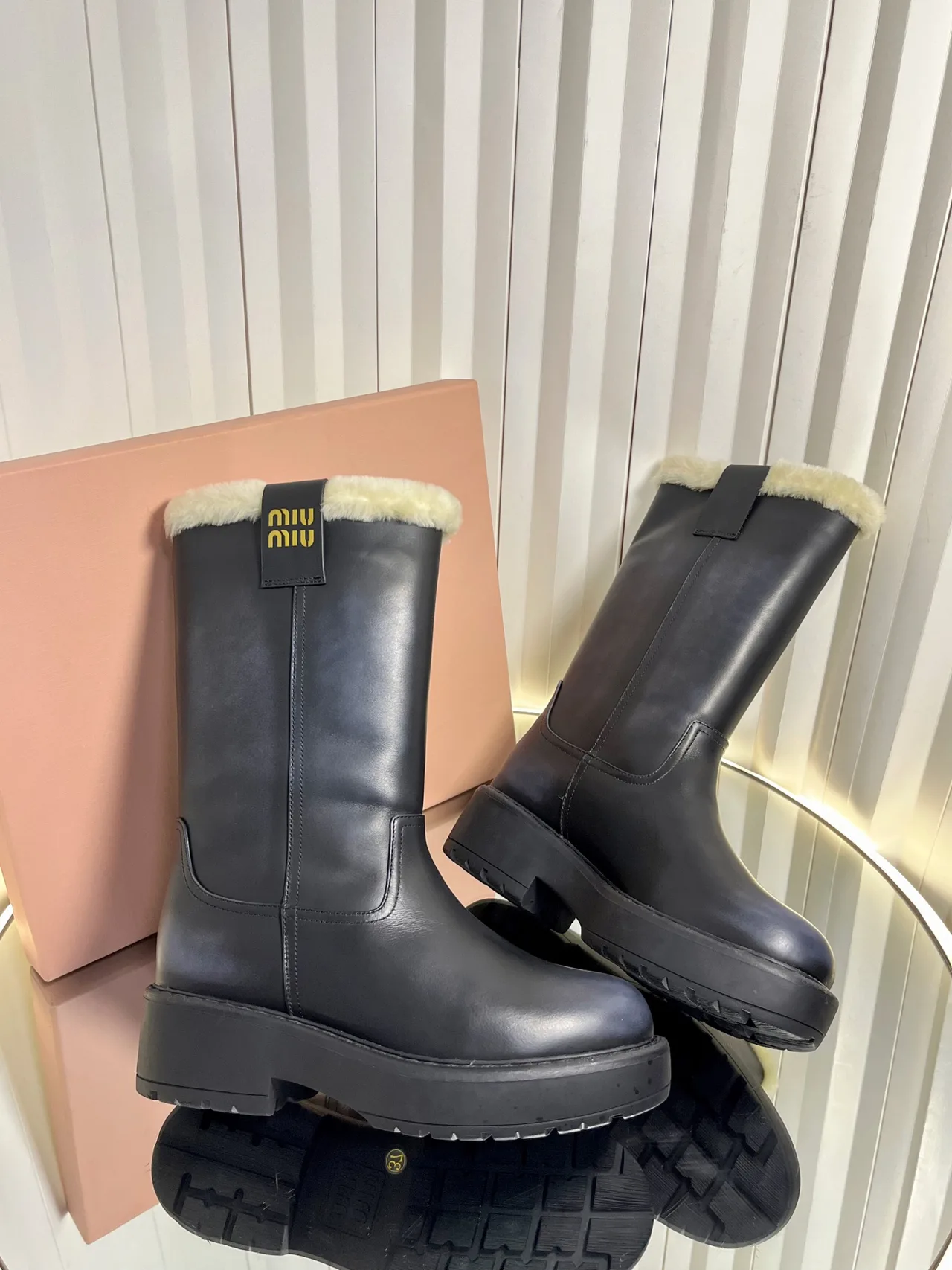 Miu Miu Calfskin Glossy Boots in Black · view 4