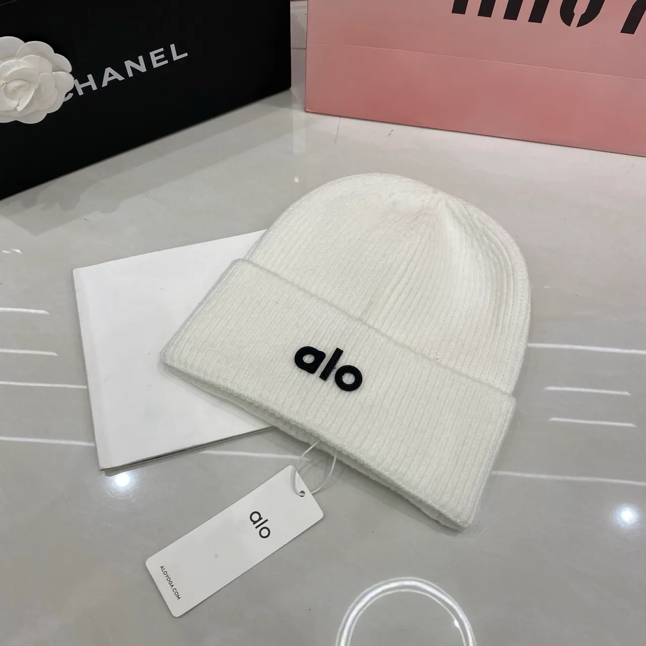 Alo Beanie in Black & White & Tan & Grey & Pink · view 2