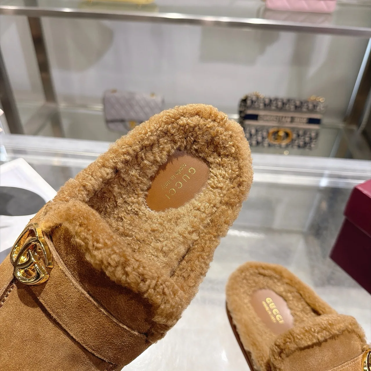 Gucci Cowhide Wool Suede-Look Mules in Tan · view 8