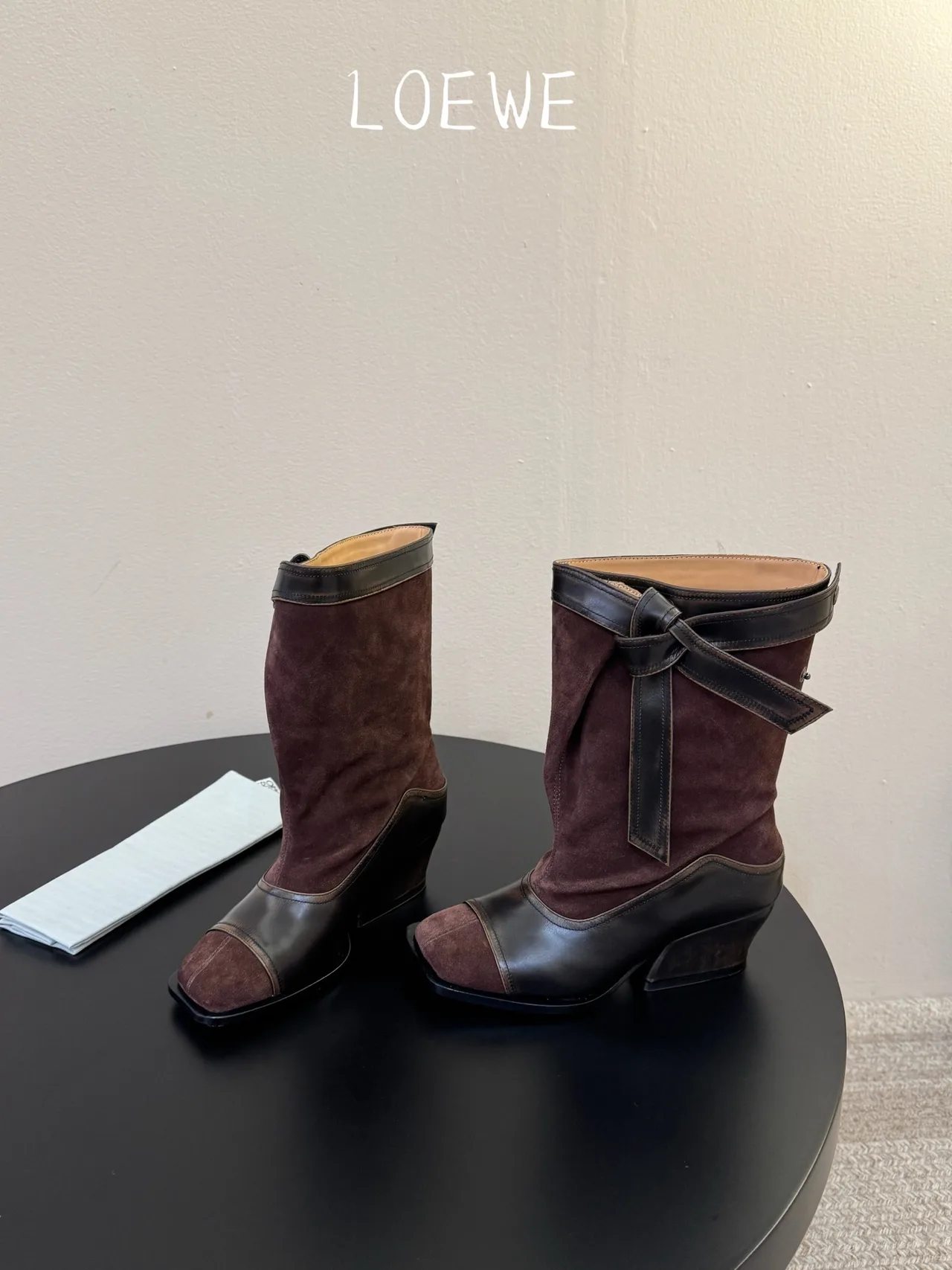 Loewe Cowhide Suede-Look Pointed-Toe Bow Ankle Boots in Brown · view 3