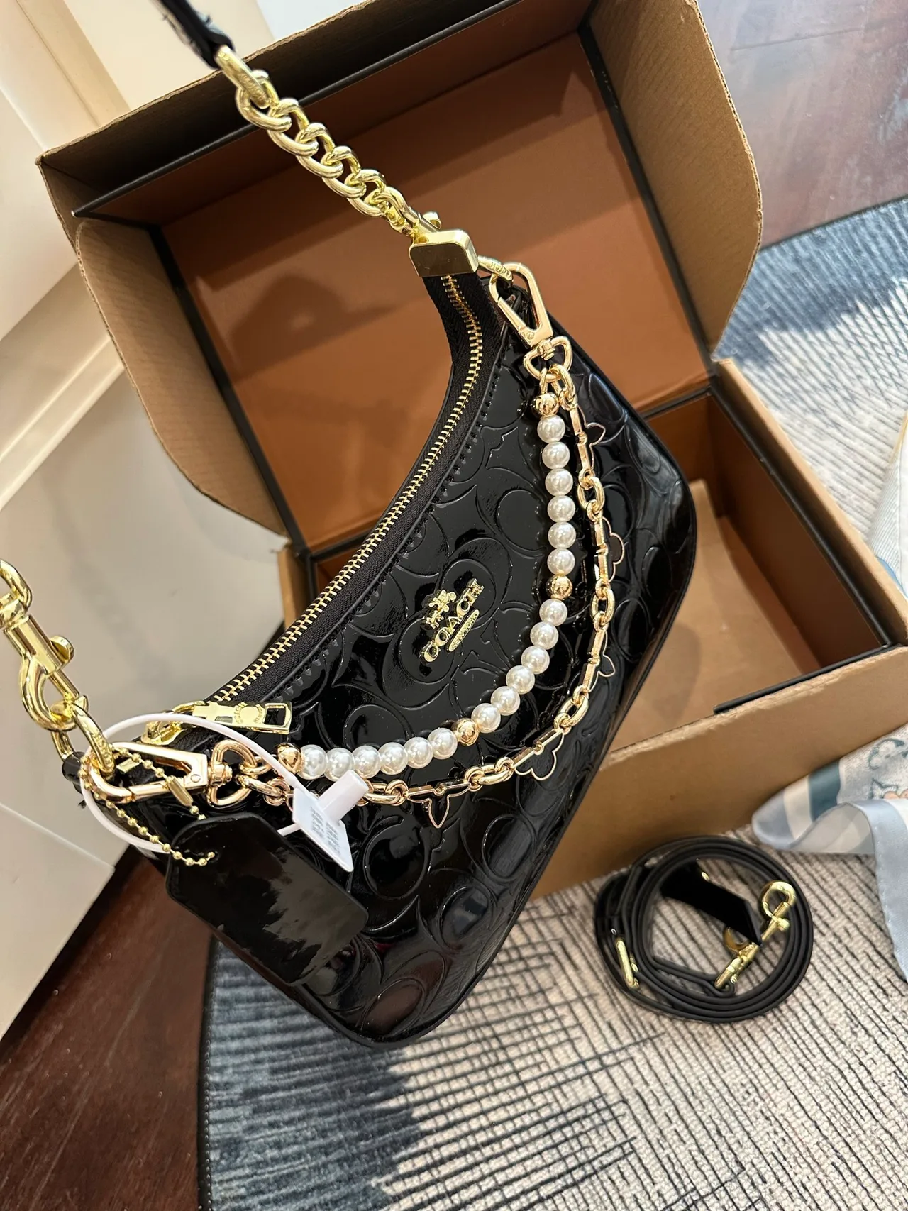 Coach Patent Leather Glossy Hobo Bag in Black · view 3