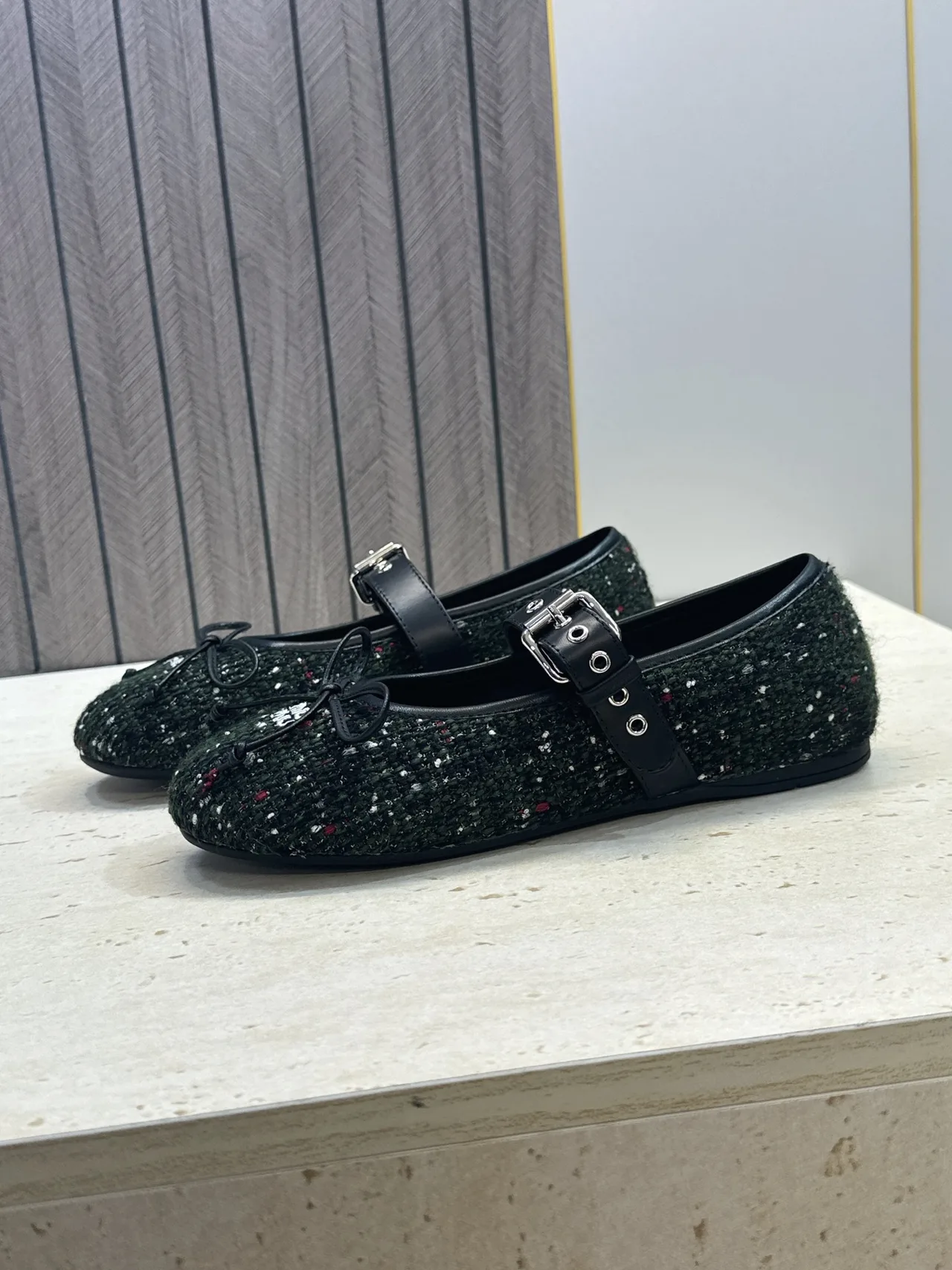 Miu Miu Calfskin Smooth Bow Buckle Mary Jane Flats in Green · view 5