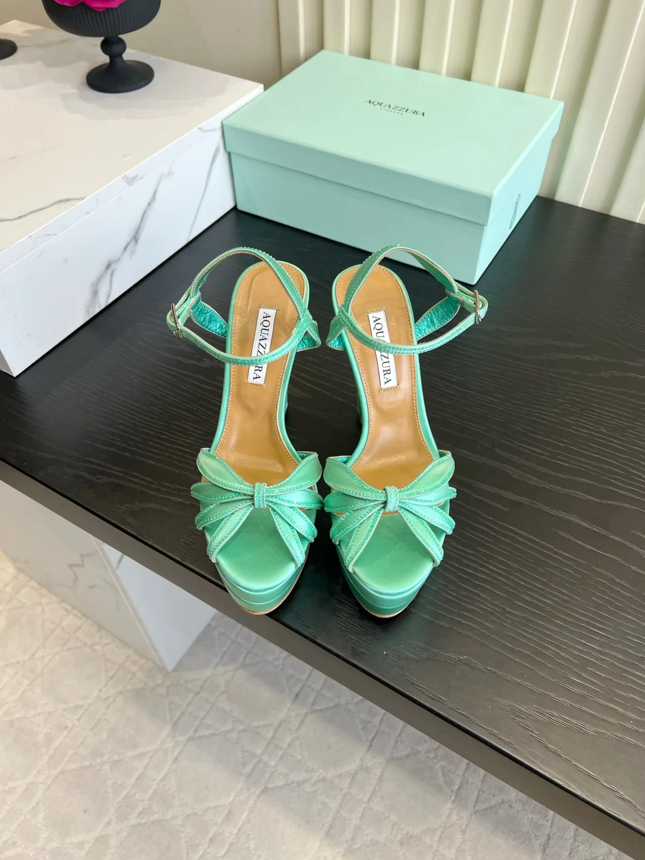 Aquazzura Silk Bow Platform Heeled Sandals in Green · view 1