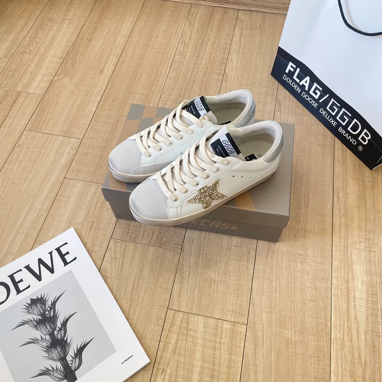 Golden Goose Calfskin Crystal Star Sneakers in White · view 3