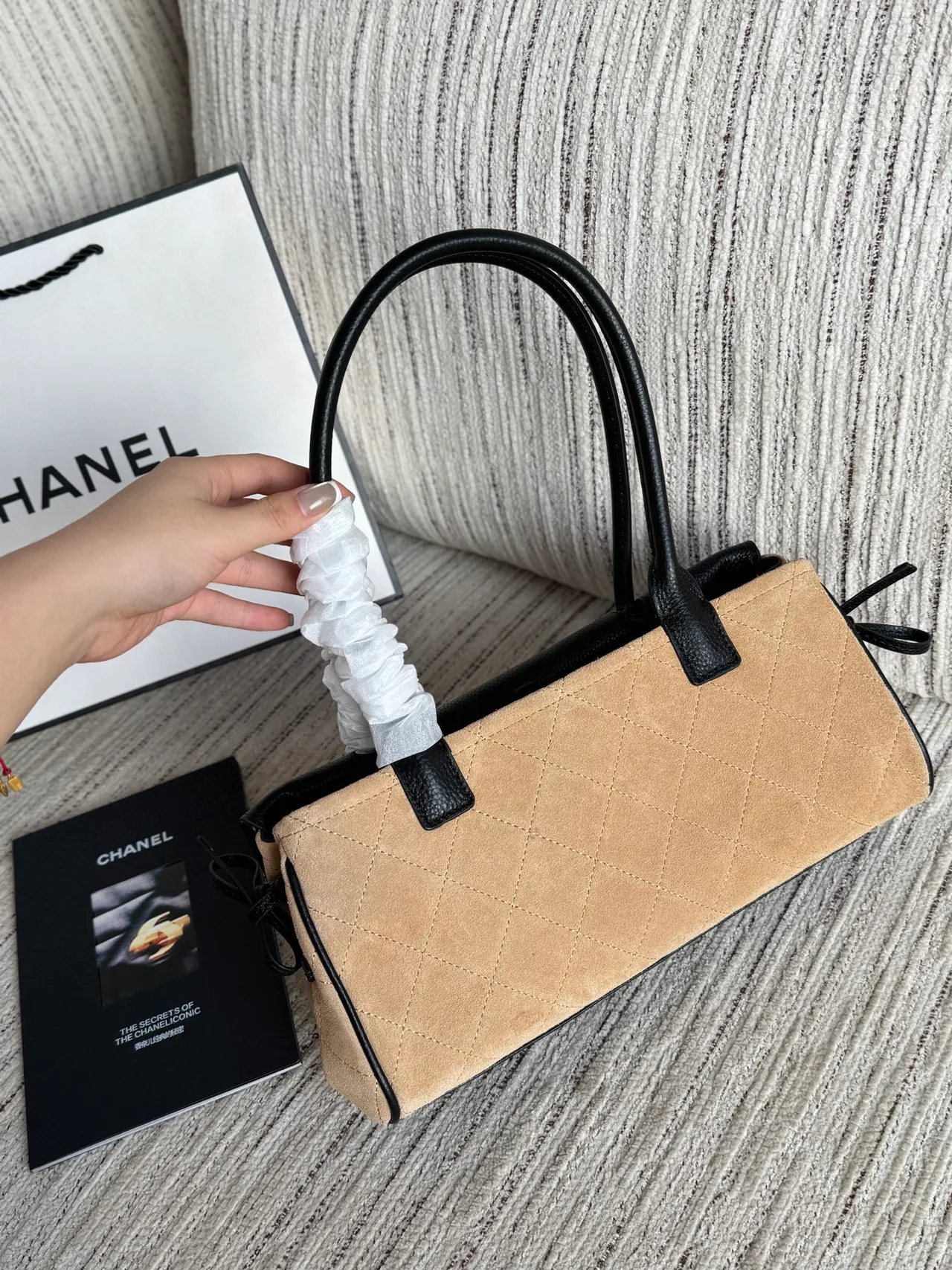 Chanel Quilted Baguette Top-Handle Bag in Beige · view 3