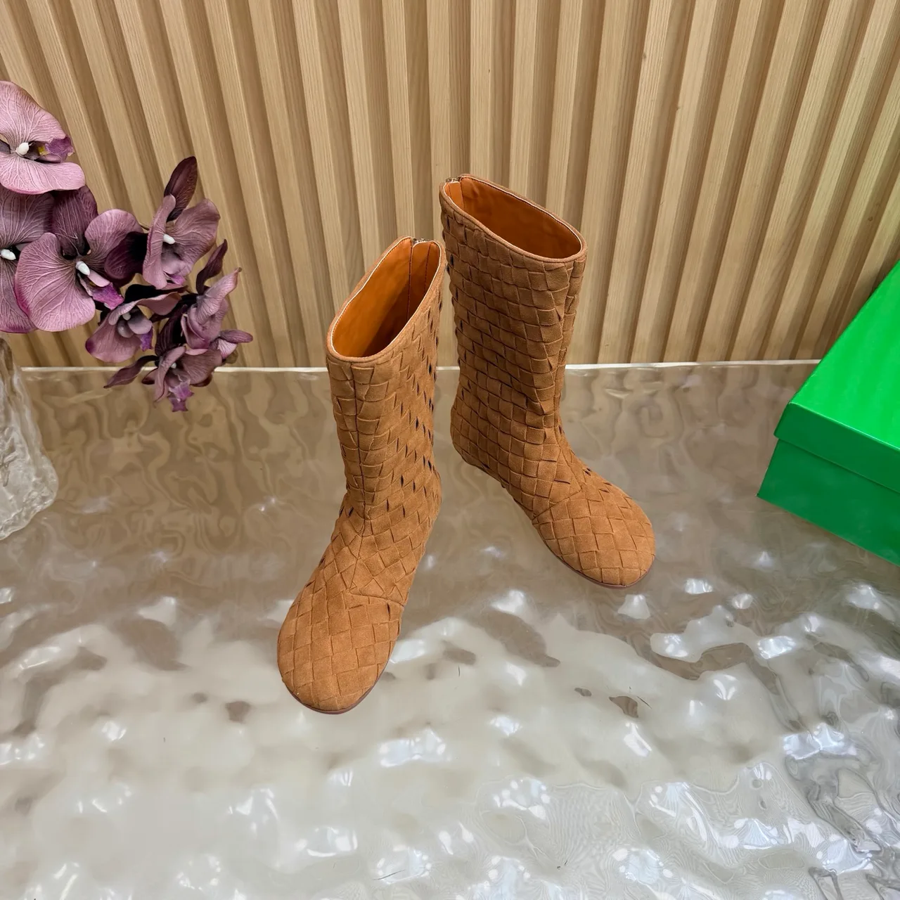 Bottega Veneta Quilted Woven Round-Toe Ankle Boots in Tan · view 6