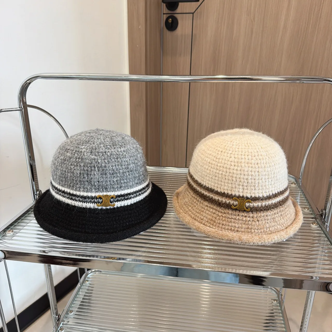 Celine Knit Bucket Hat in Grey & Tan & Cream · view 7