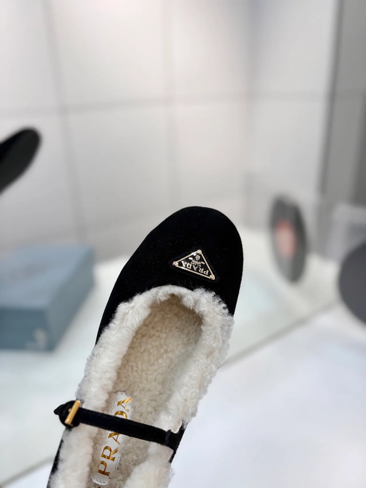 Prada Buckle Fur-Lined Mary Jane Flats in Black · view 6