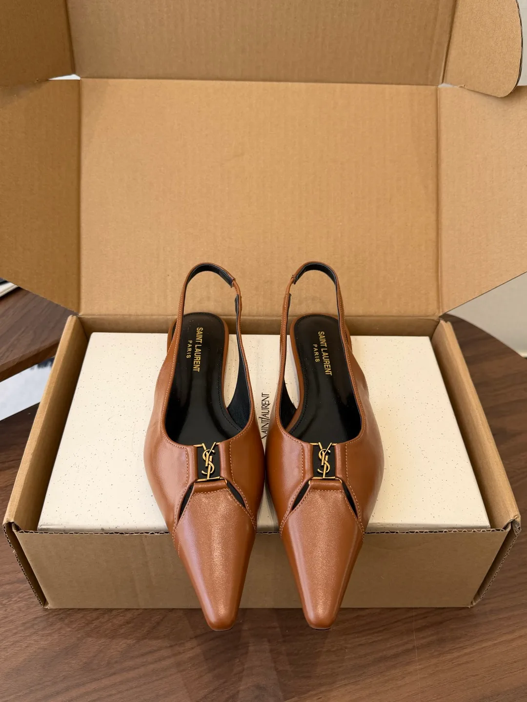 Saint Laurent Sheepskin Pointed-Toe Slingback Shoes in Brown · view 1
