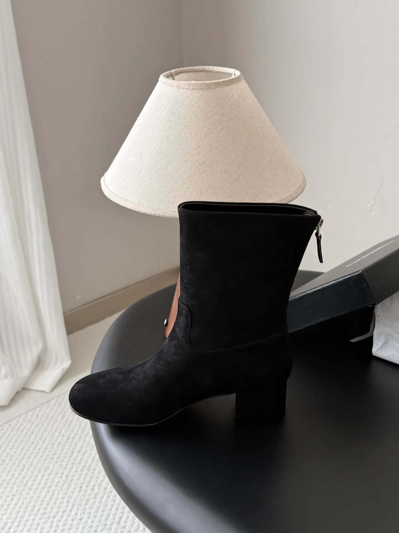 Chanel Sheepskin Suede-Look Round-Toe Ankle Boots in Black · view 8