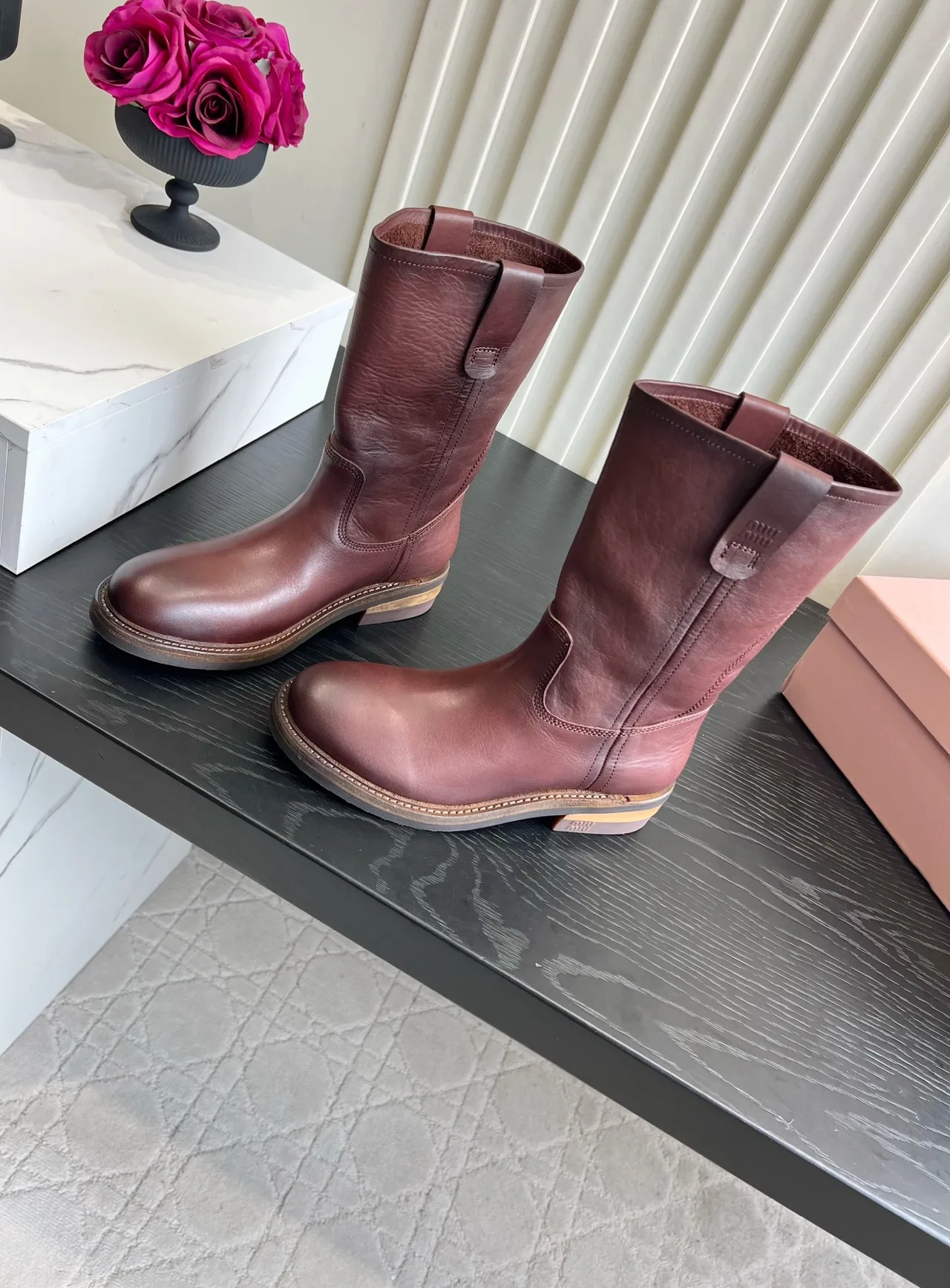 Miu Miu Cowhide Smooth Round-Toe Mid-Calf Boots in Burgundy · view 2