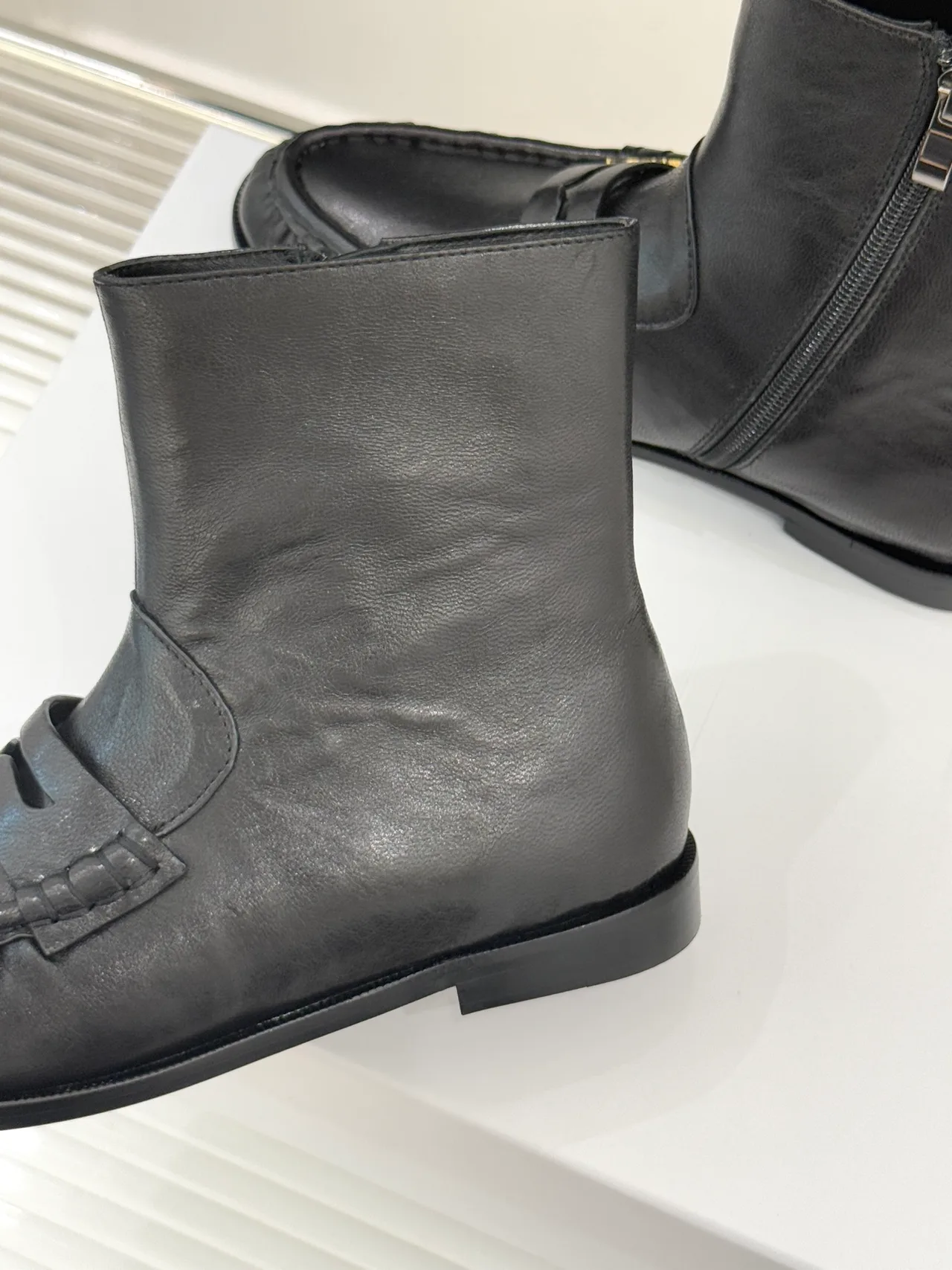 Saint Laurent Glossy Round-Toe Loafer Ankle Boots in Black · view 6