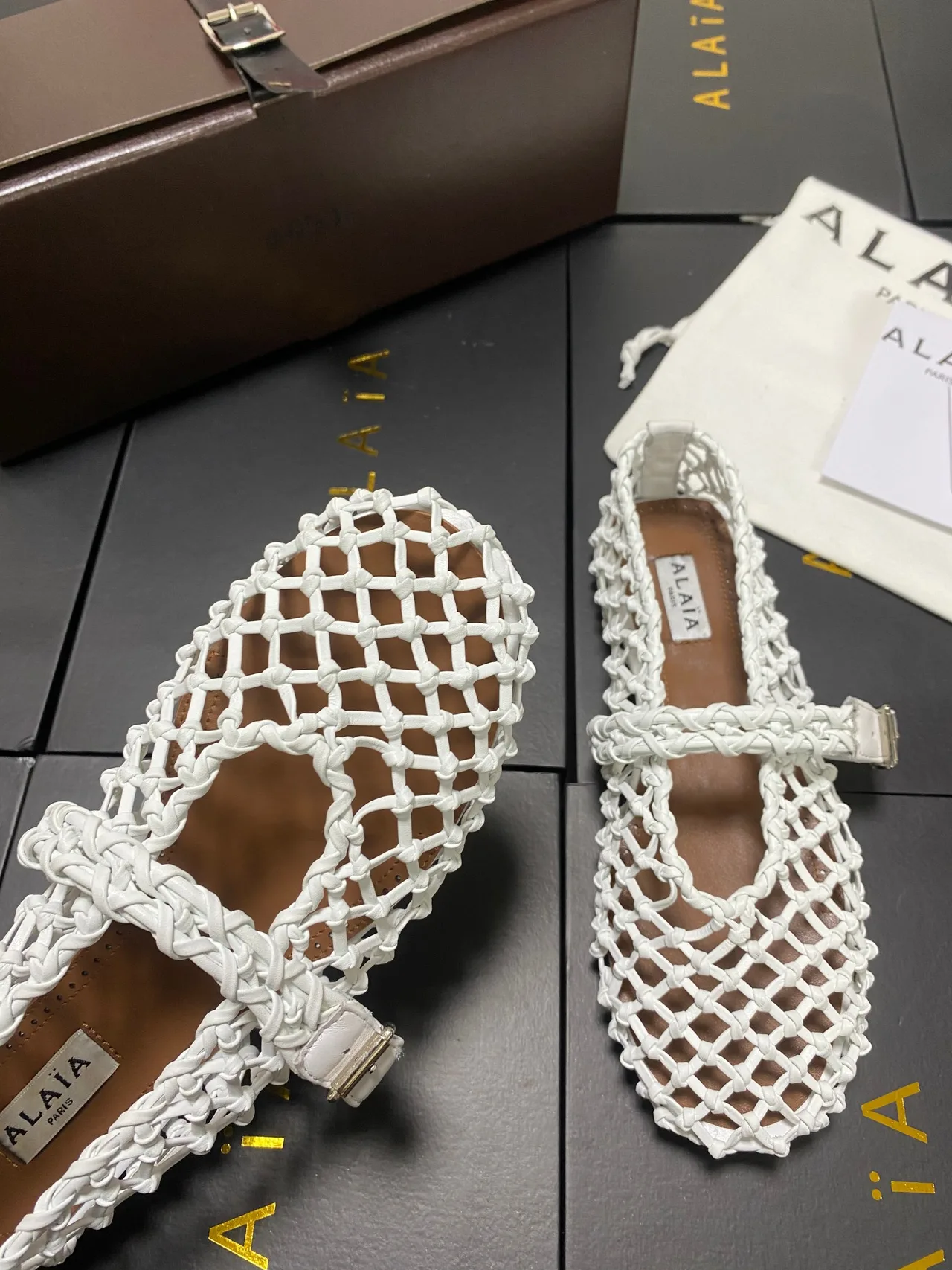 Alaia Cowhide Sheepskin Square-Toe Mesh Mary Jane Flats in White · view 8