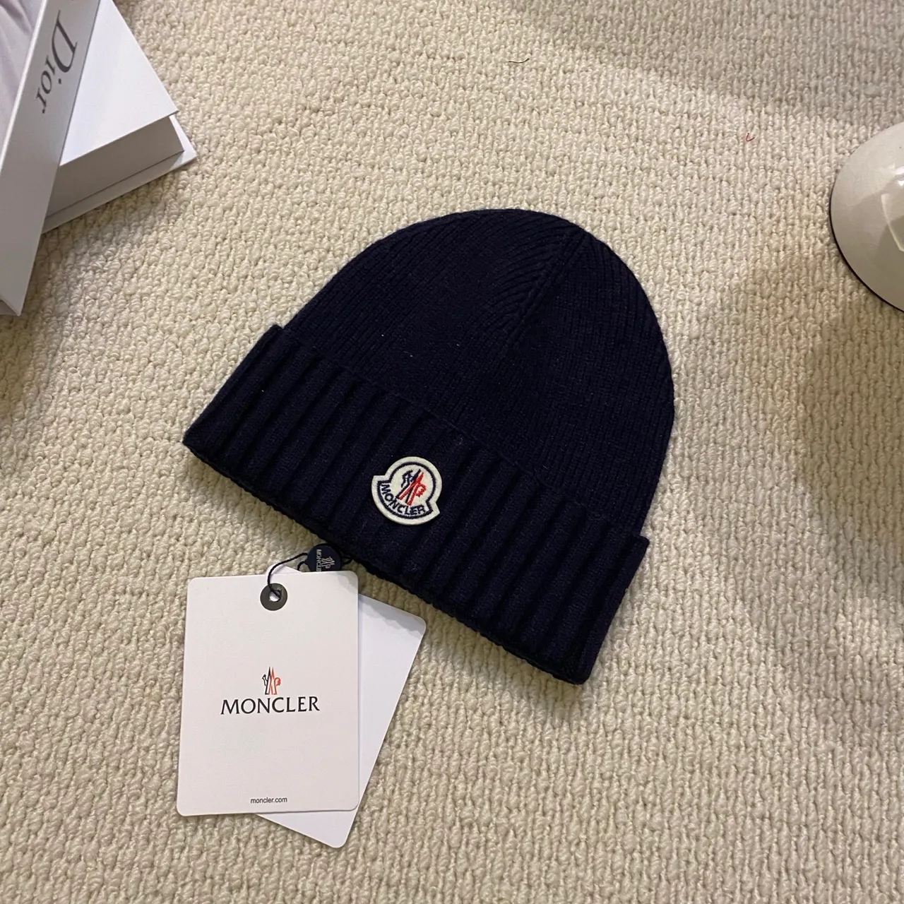 Moncler Rib-knit logo beanie in Black & Beige & Brown & Green & Blue & Grey · view 5