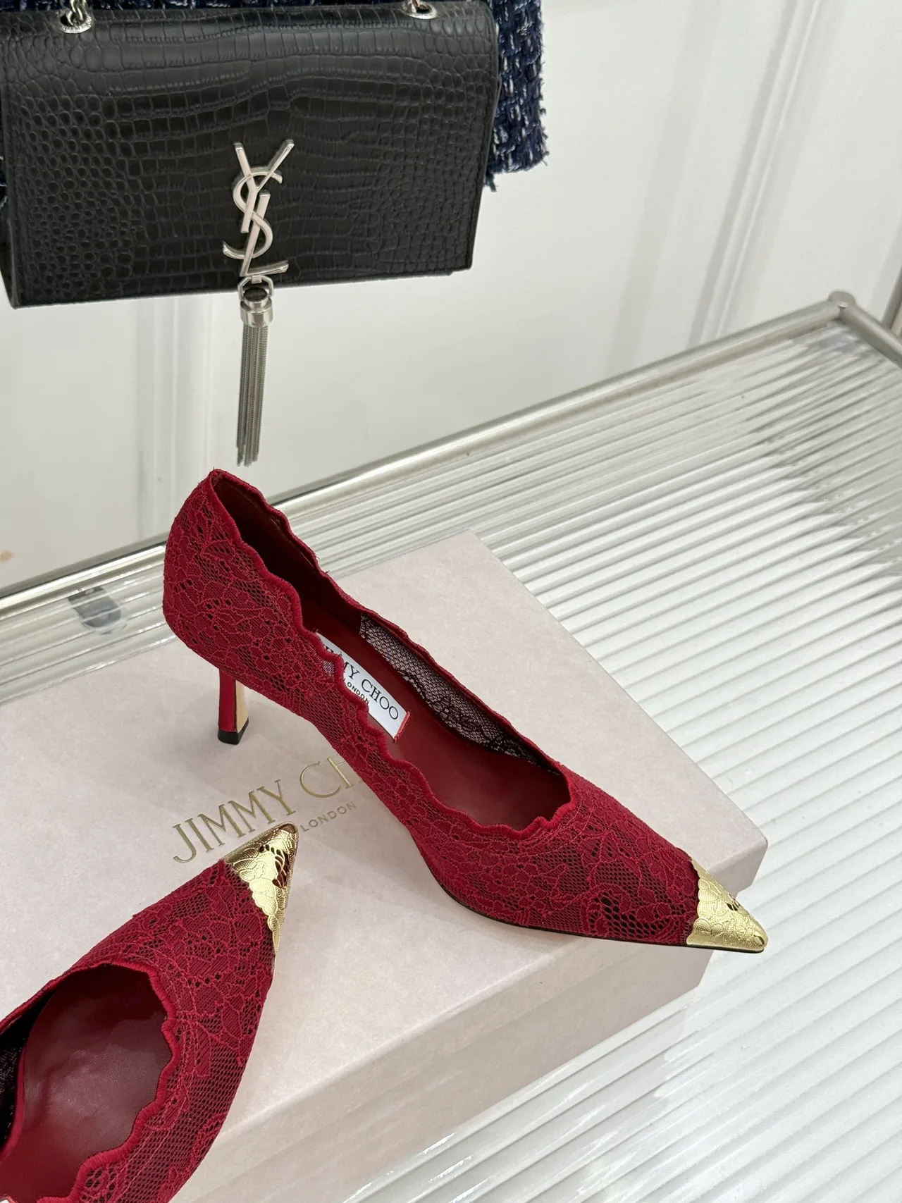 Jimmy Choo Pointed-Toe Lace Heel Pumps in Burgundy · view 5