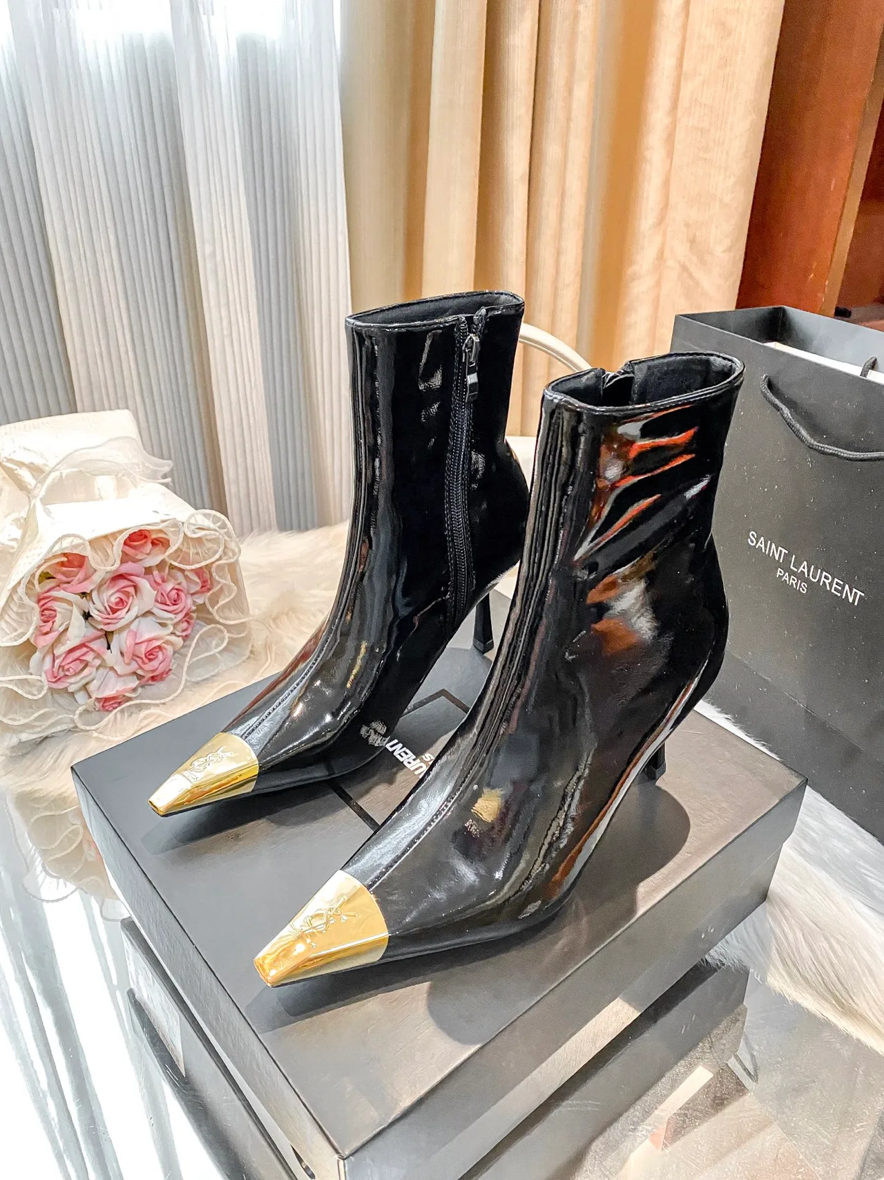Saint Laurent Glossy Ankle Boots in Black · view 3