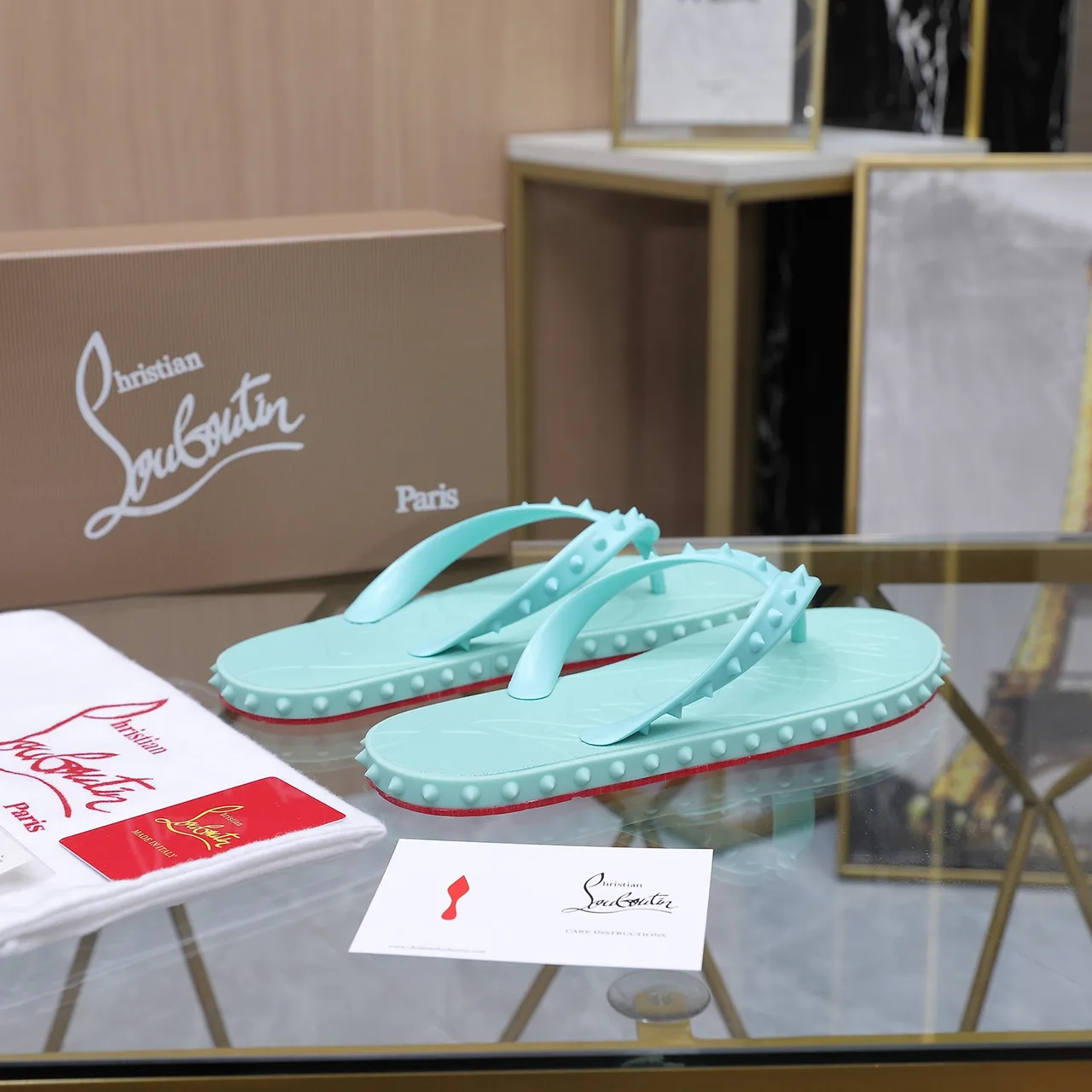 Christian Louboutin Studded Flip-Flops in Green · view 6