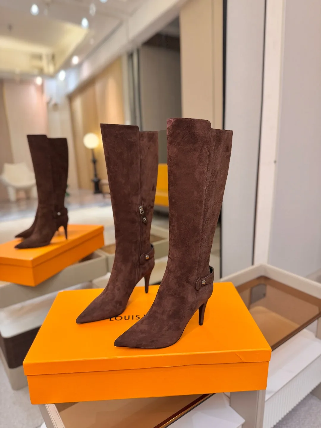 Louis Vuitton Calfskin Buckle Knee-High Boots in Brown · view 3