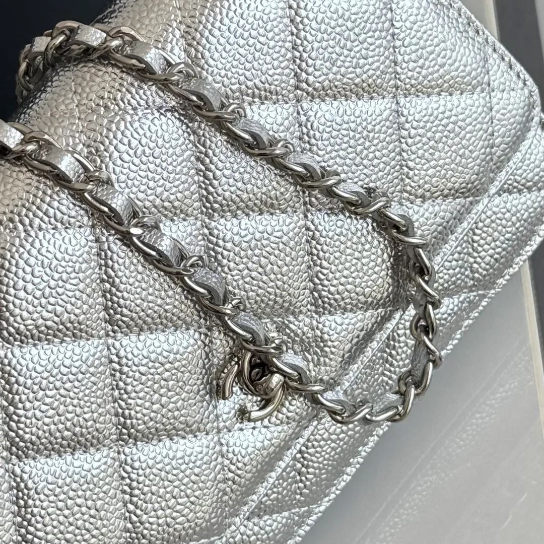 Chanel Calfskin Quilted Glossy Clutch in Silver · view 7