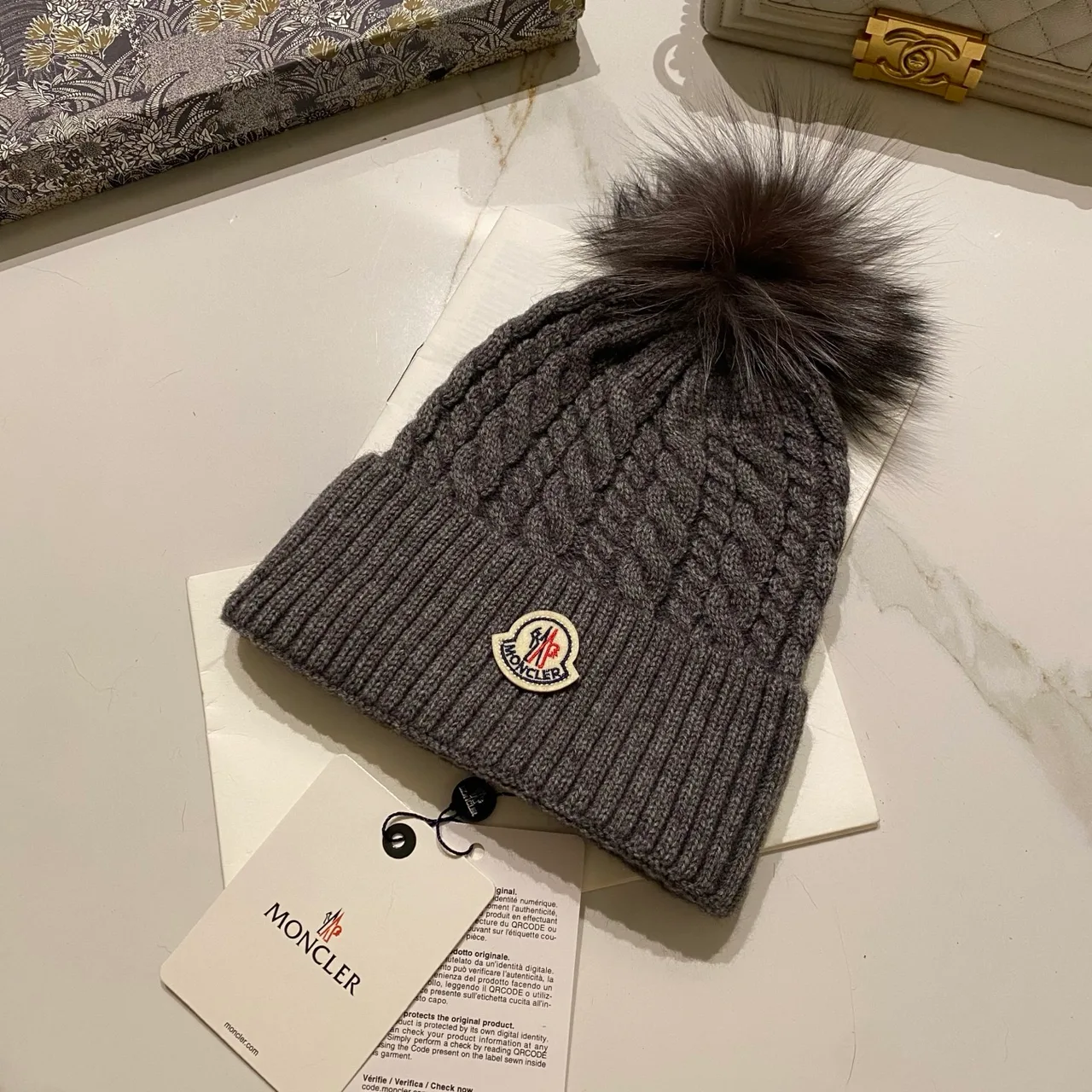 Moncler Cable Pom Beanie in Black & White & Grey & Brown & Burgundy & Beige · view 3