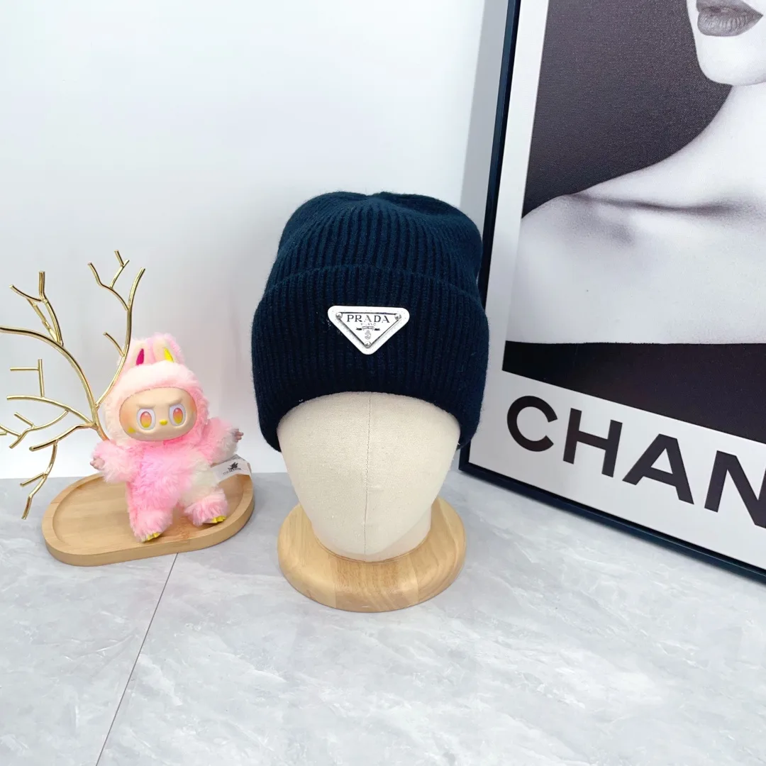Prada Wool Triangle Logo Knit Beanie in Black · view 2