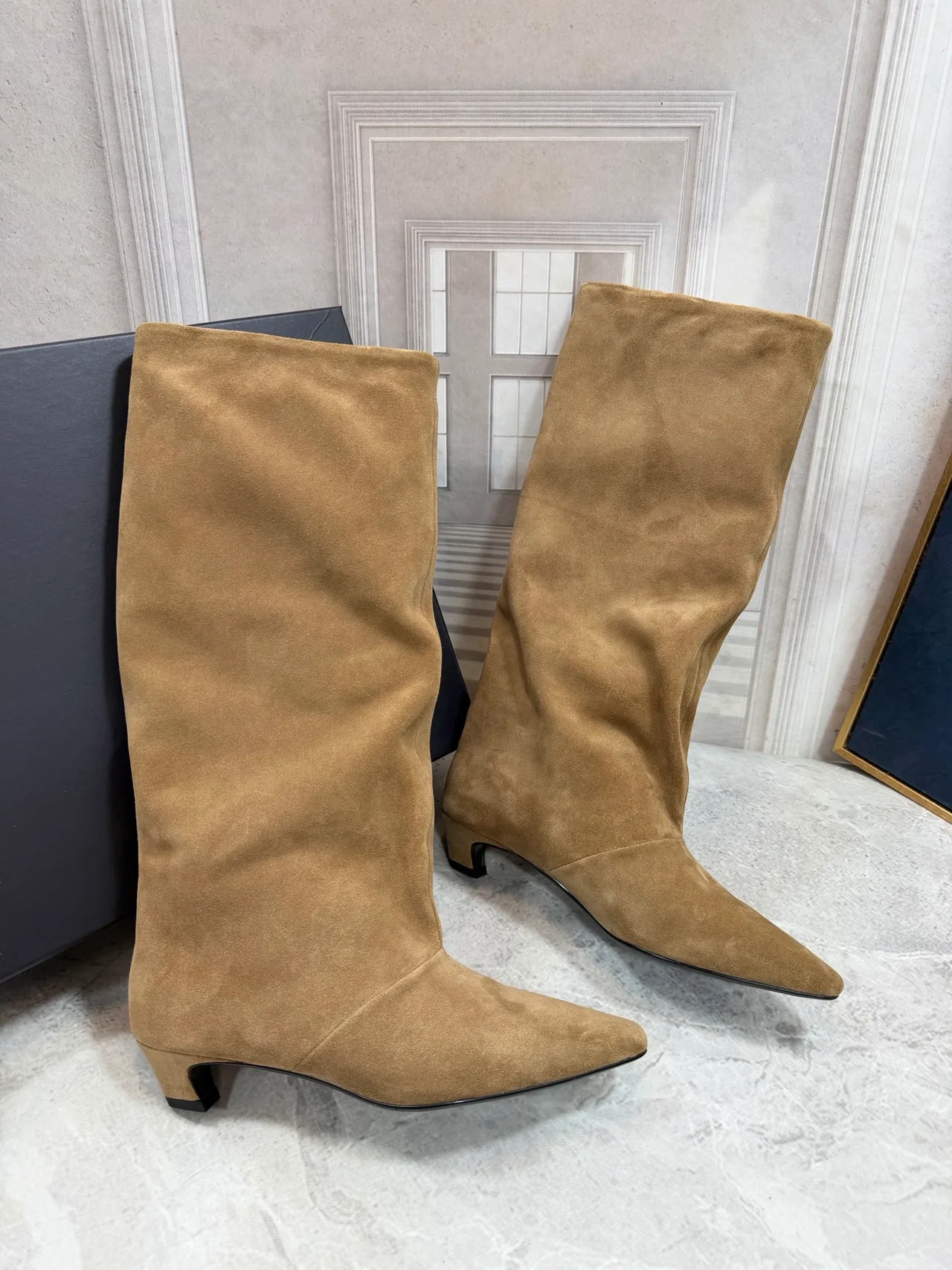 Suede-Look Pointed-Toe Round-Toe Knee-High Block-Heel Boots in Brown · view 2