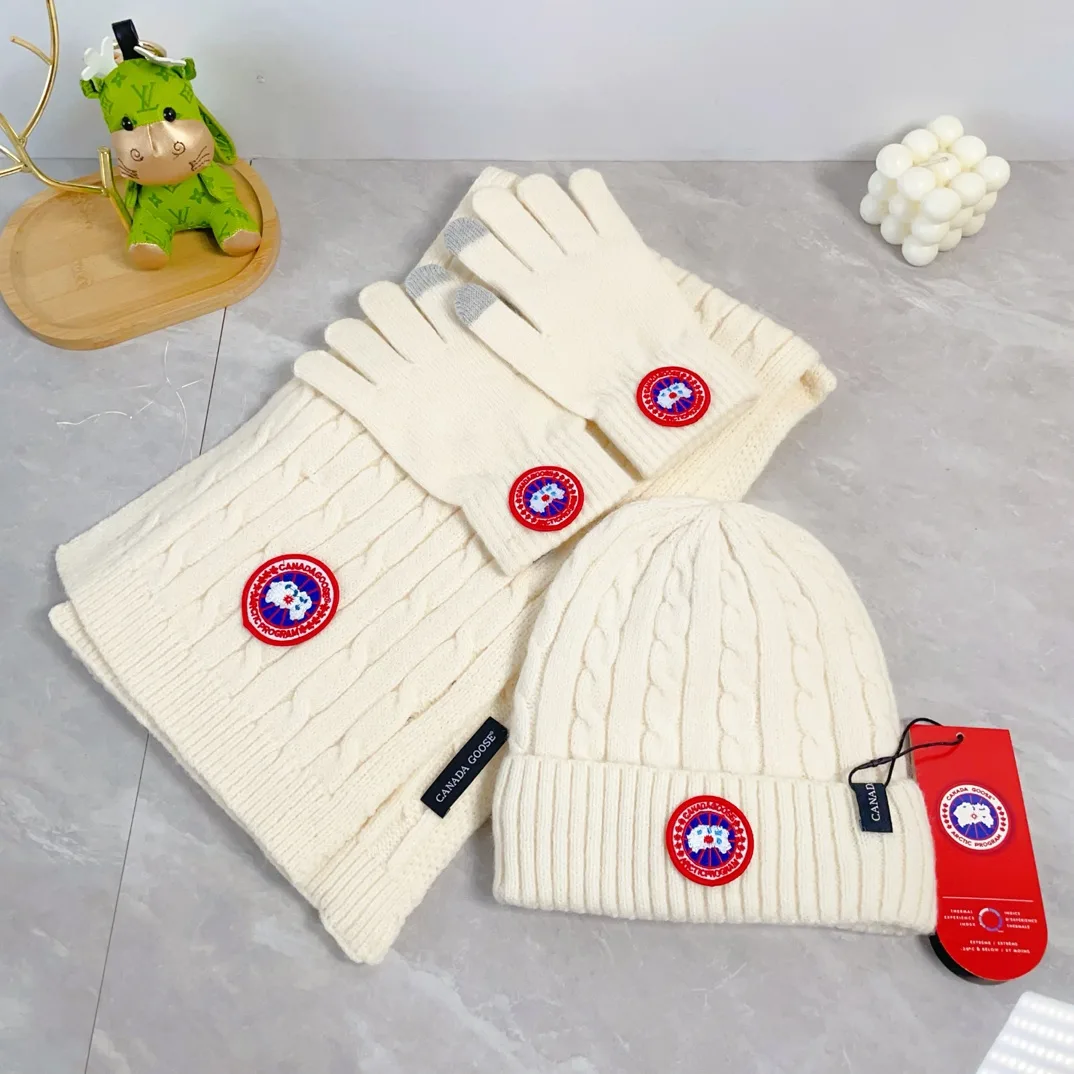 Canada Goose Wool Ribbed Hat Scarf and Gloves Set in White · view 2